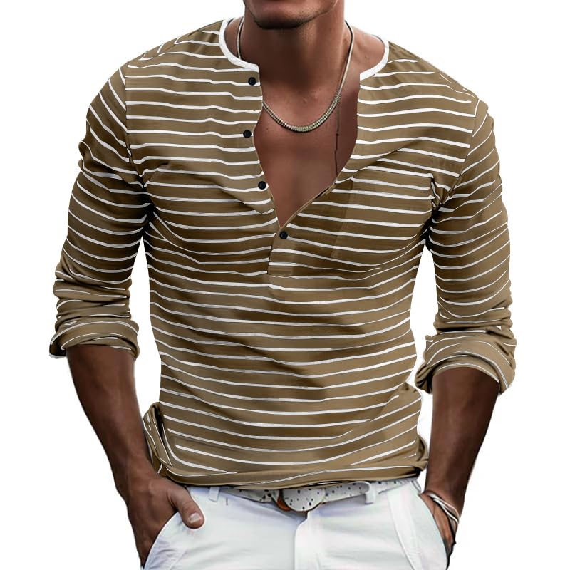 Men's Striped Button Down Shirt Long Sleeve Crewneck Shirts Casual Basic Pullover Fall Winter Tops for Men