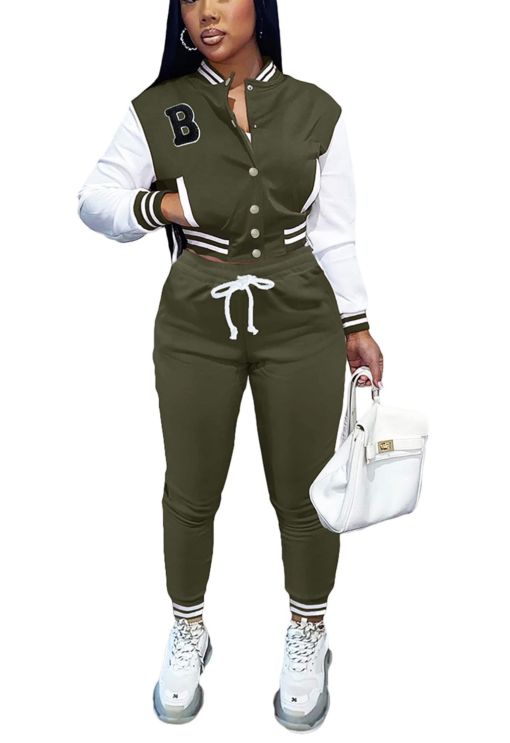 Fooullaide Women's Varsity Jacket Sweatsuit 2 Piece Tracksuit Crop Top Button Down Letterman Jackets Pants Sets