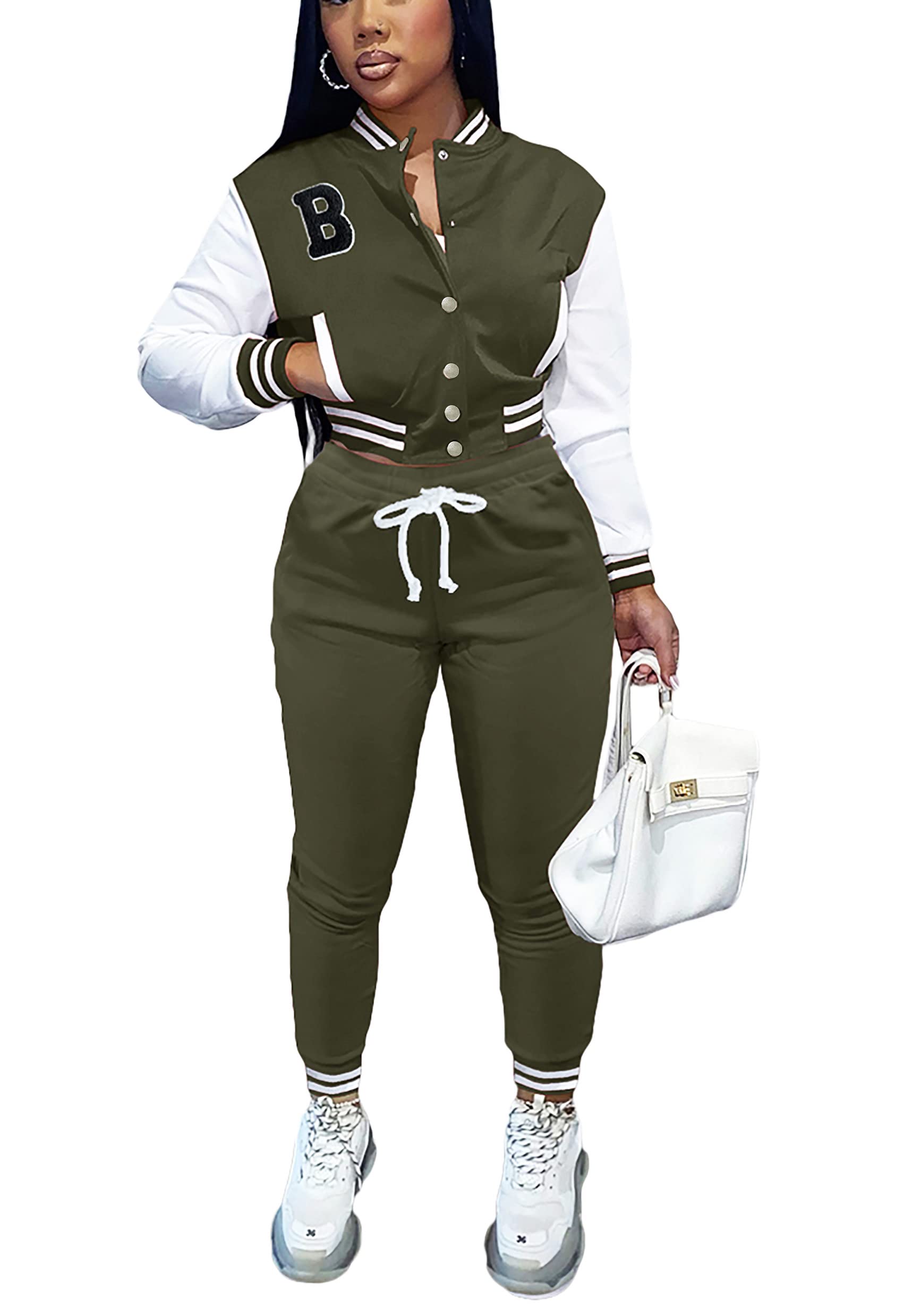 Fooullaide Women's Varsity Jacket Sweatsuit 2 Piece Tracksuit Crop Top Button Down Letterman Jackets Pants Sets