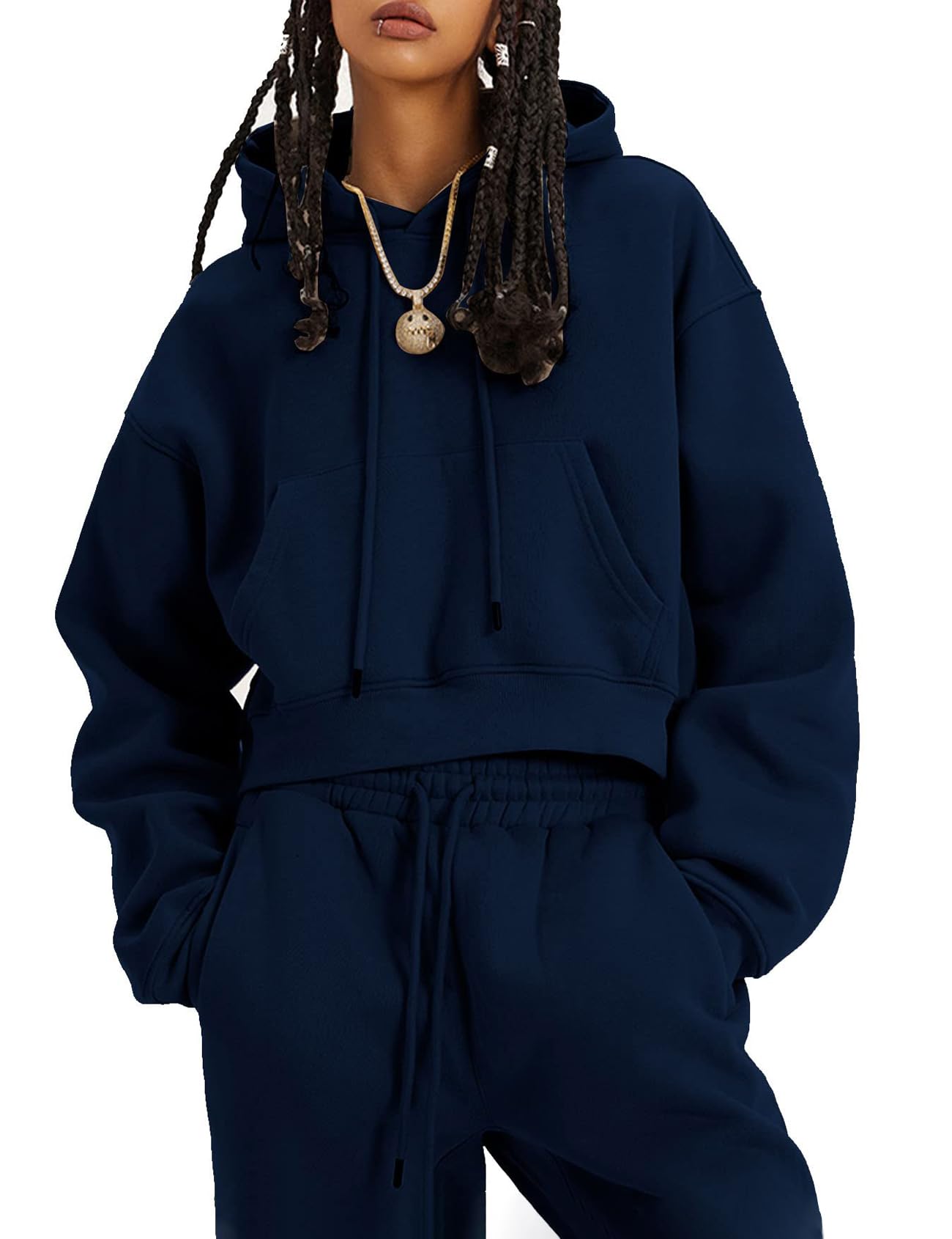Flygo Womens Fleece 2 Piece Outfits Sweatsuit Crop Pullover Sweatshirt Joggers Pants Tracksuit Set