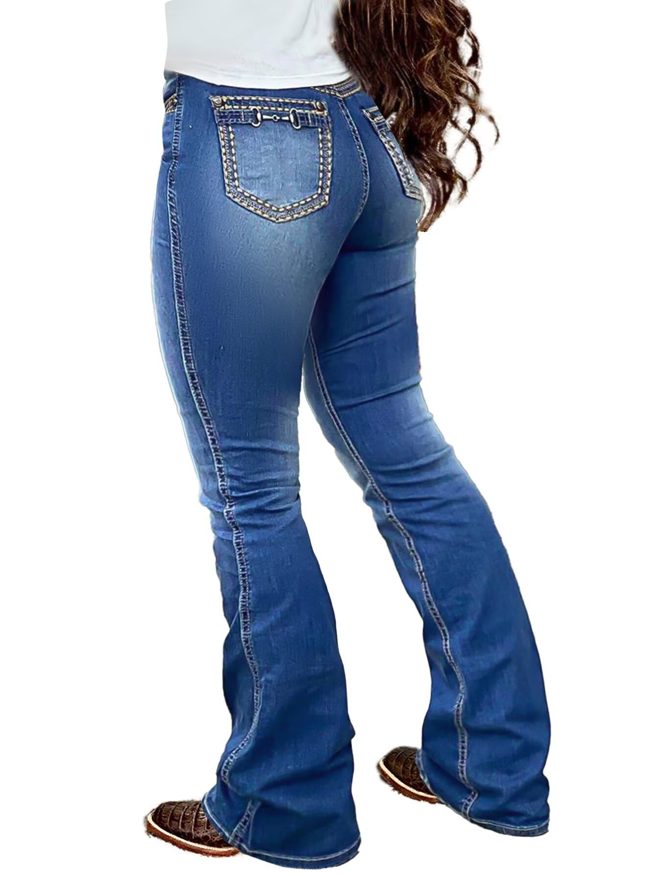 Flamingals Boot Cut Jeans for Women Trendy Stretch Jeans Butt Lifting Tummy Control Denim Pants Sea Blue 2XL