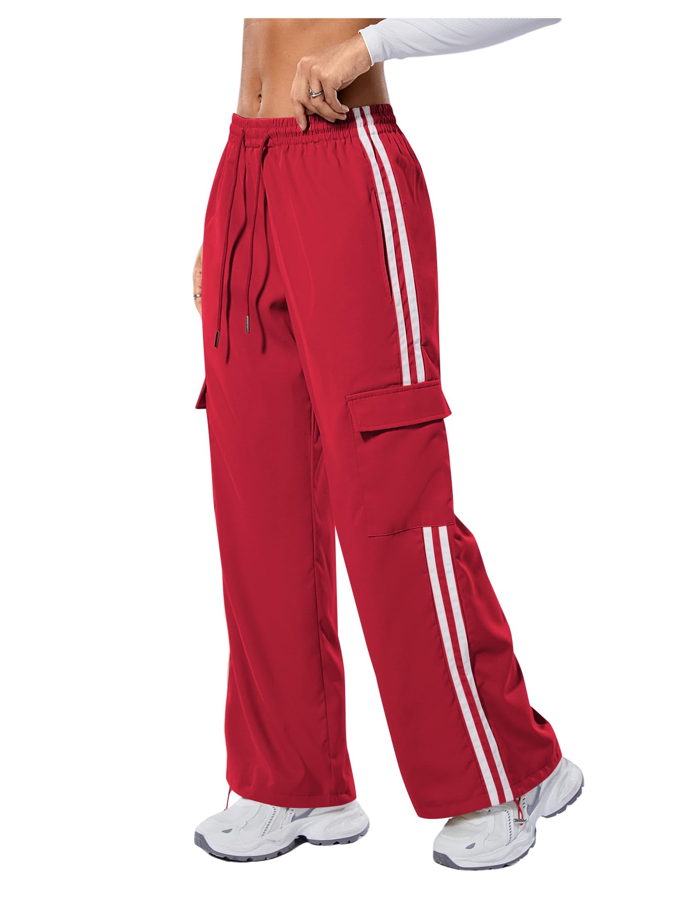 Verdusa Women's Cargo Pants Baggy Straight Wide Leg Track Pants Striped Joggers with Pockets Athletic Streetwear
