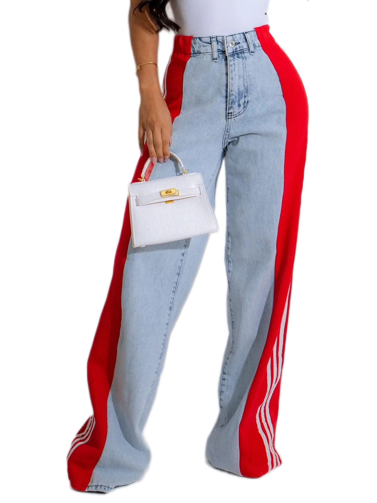 Angsuttc Womens Jeans with Patchwork Stripes High Waisted Stretchy Denim Color Block Straight Wide Leg Trendy Jean