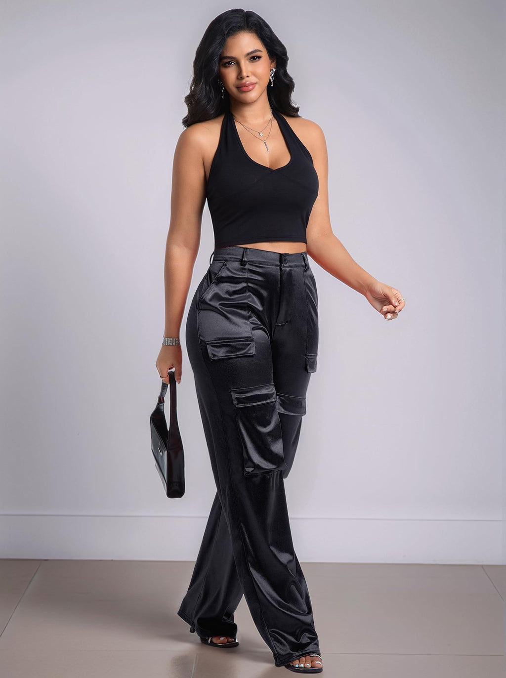 Aressdom Metallic Satin Cargo Pants for Women High Waisted Wide Leg Pants with Pockets, Dressy Going Out Concert Outfits