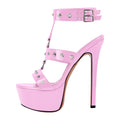 Only maker Open Toe Stiletto Heeled Platform Sandals for Women T-strappy Buckle up Rivet Studded Open-back Summer Sandals