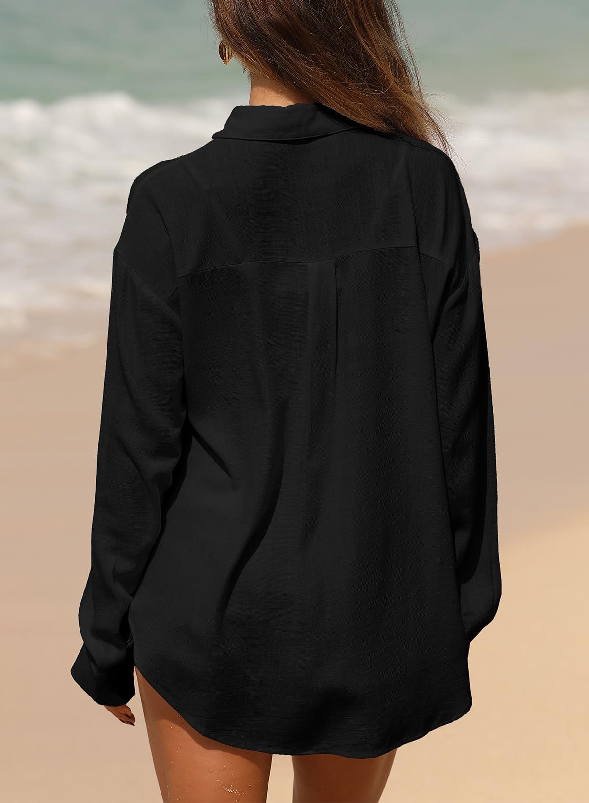 Astylish Women 2026 Loose Fit Tops Cotton Linen Button Down Shirts Collared Roll Up Long Sleeve V Neck Blouses