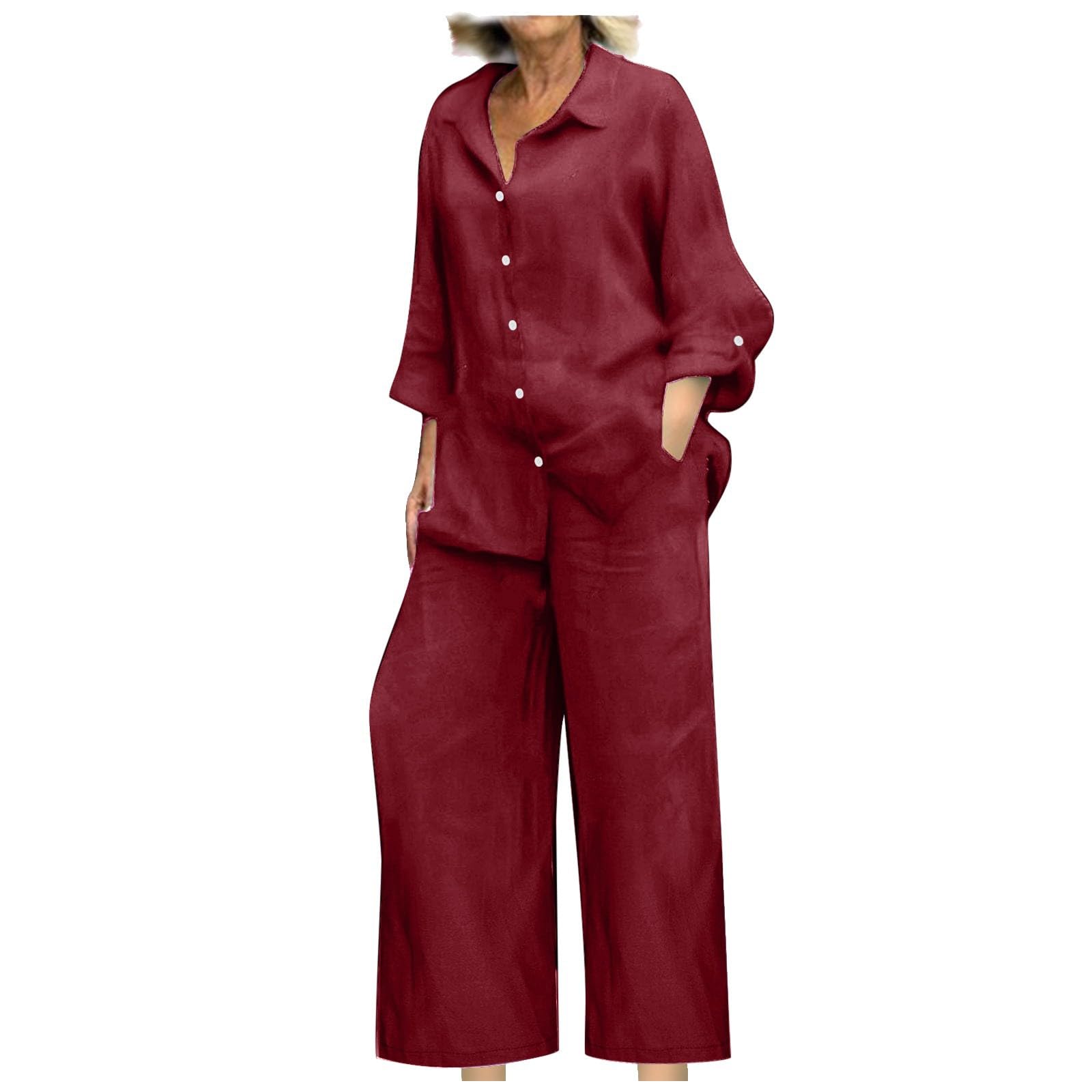 BAOQIN Linen Sets for Women 2 Piece - Womens Long Sleeve Button Down Shirts Summer Wide Leg Breathable Cotton Linen Pants Set