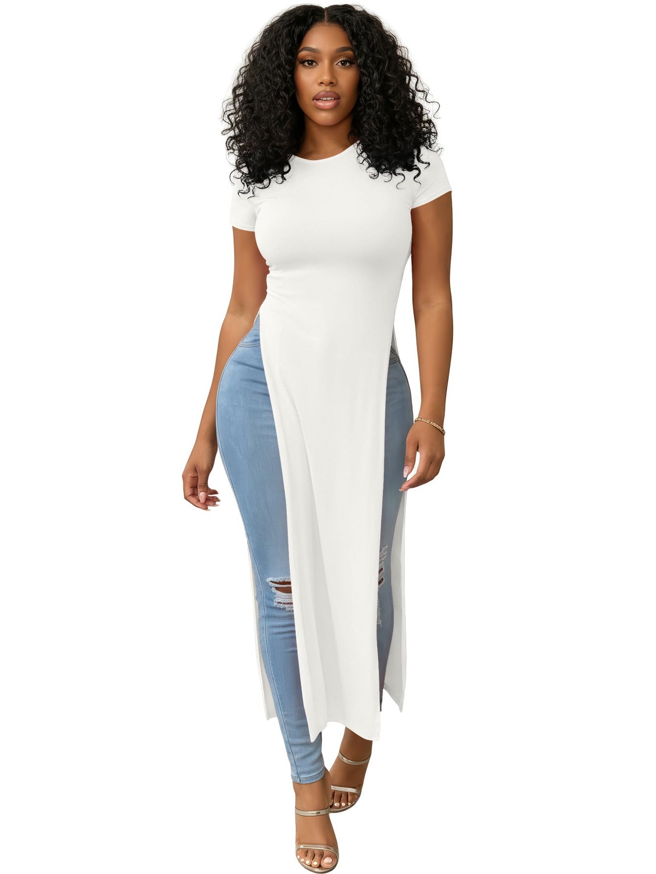 OPOIPIN Women's Crew Neck Split Slit Hem Short Sleeve Slim Fit Tee Top Long Shirt Tunic