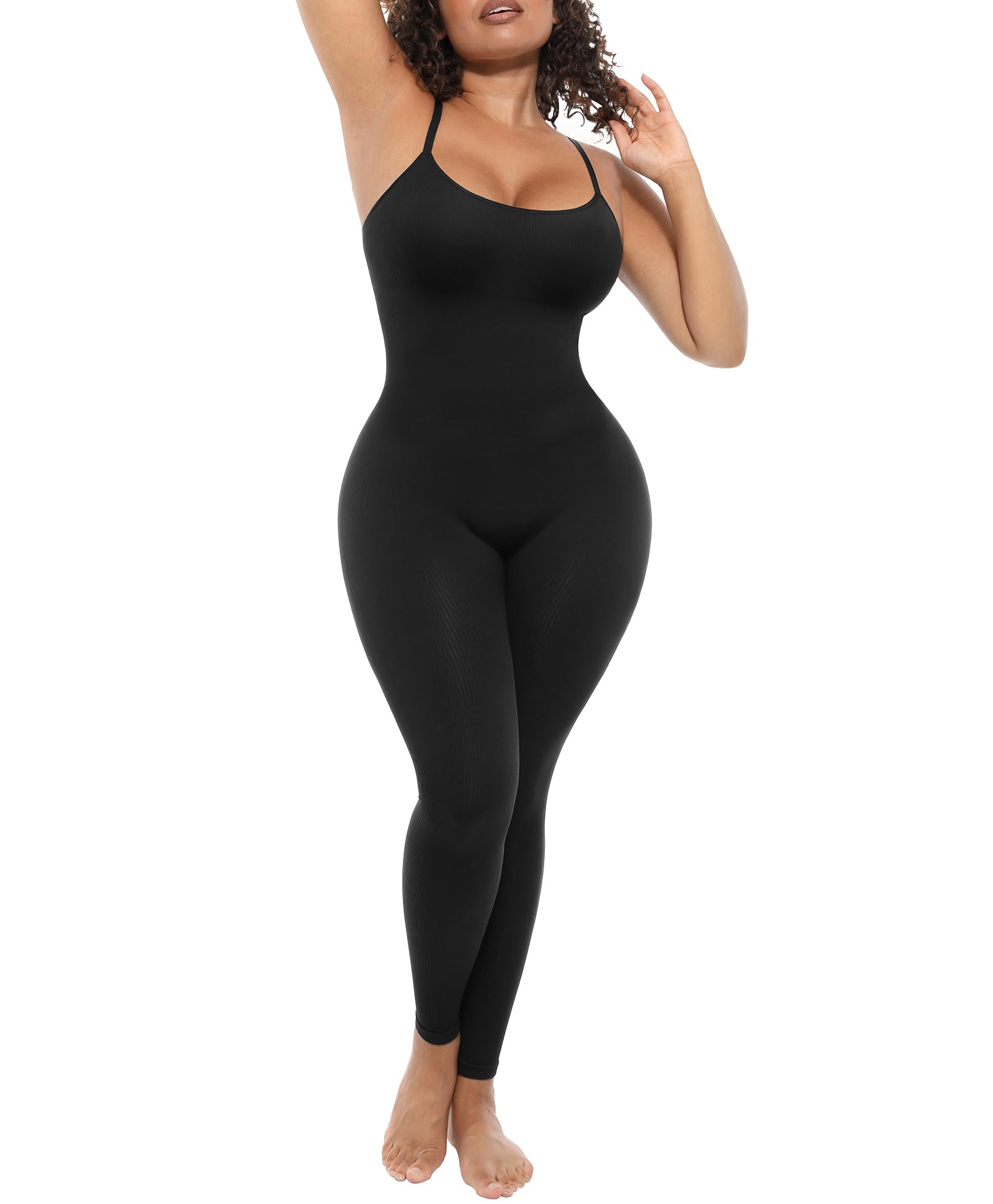 FeelinGirl Plus Size Tummy Control Jumpsuits for One Piece Ribbed Fabric With Stretch Women Workout Romper Seamless