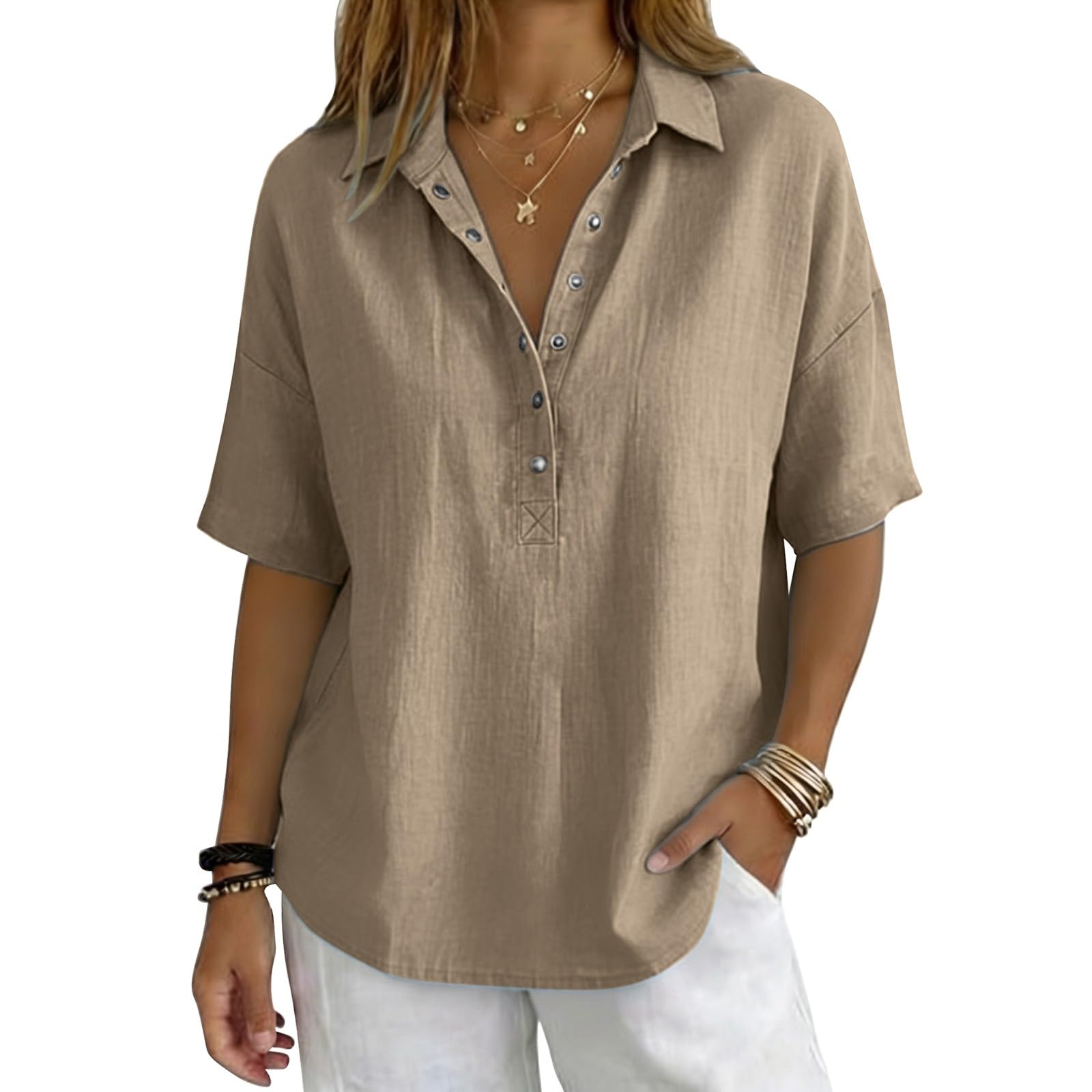 Linen Tops for Women Breathable Gauze Shirts Cotton Button Down Summer Elbow Length Blouses Dressy Casual Clothes