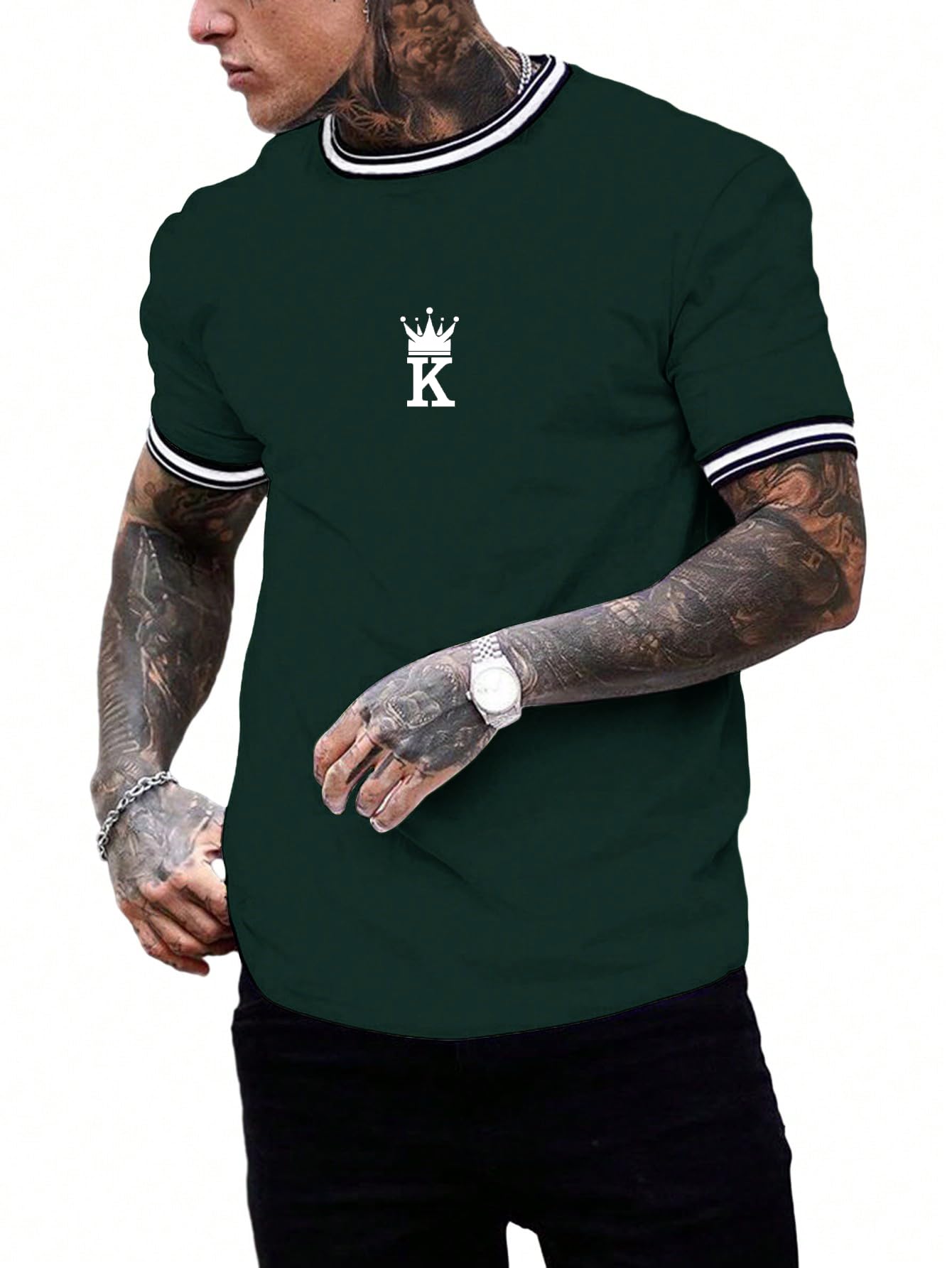 SOLY HUX Men's Crown Letter Print Striped Trim Tee Tops Short Sleeve Crew Neck Summer T Shirt