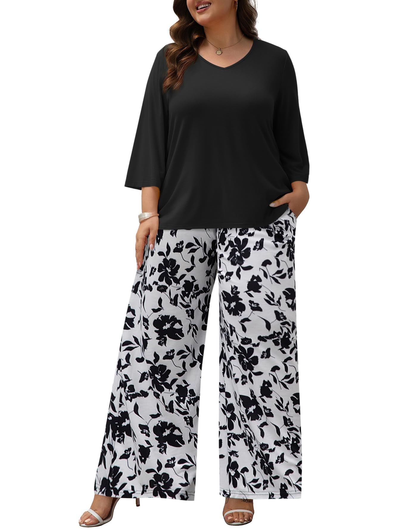 Auciccoo Womens Plus Size Lounge Sets 2 Piece Outfits 3/4 Sleeve Pullover Tops Wide Leg Pants Travel Loungewear