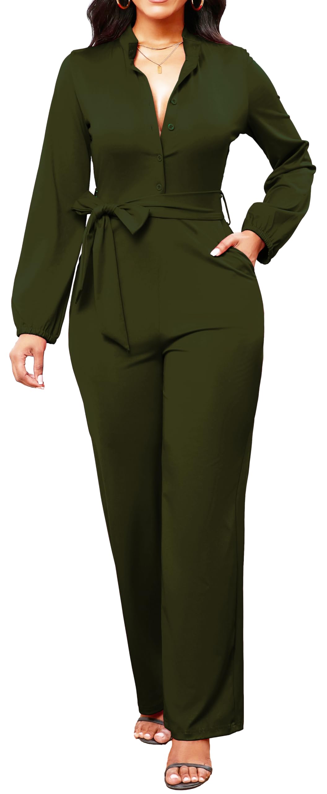 SxClub Jumpsuits for Women Formal Sexy Elegant Long Straight Pants Busineess Party Jumpsuit with Belt Pockets