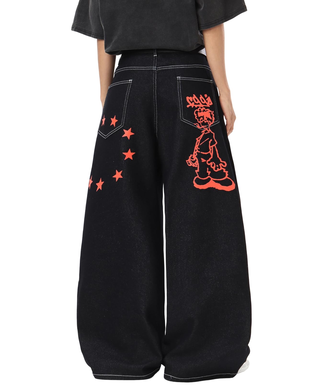 DFGIGT Men's Hip-hop Embroidered Baggy Jeans Loose Fit Denim Black Trousers