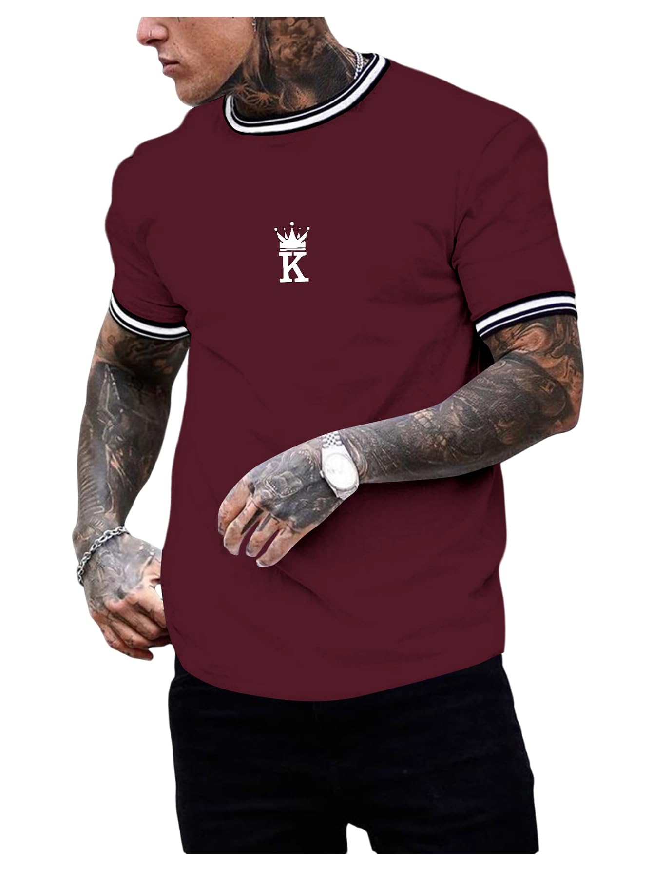 SOLY HUX Men's Crown Letter Print Striped Trim Tee Tops Short Sleeve Crew Neck Summer T Shirt