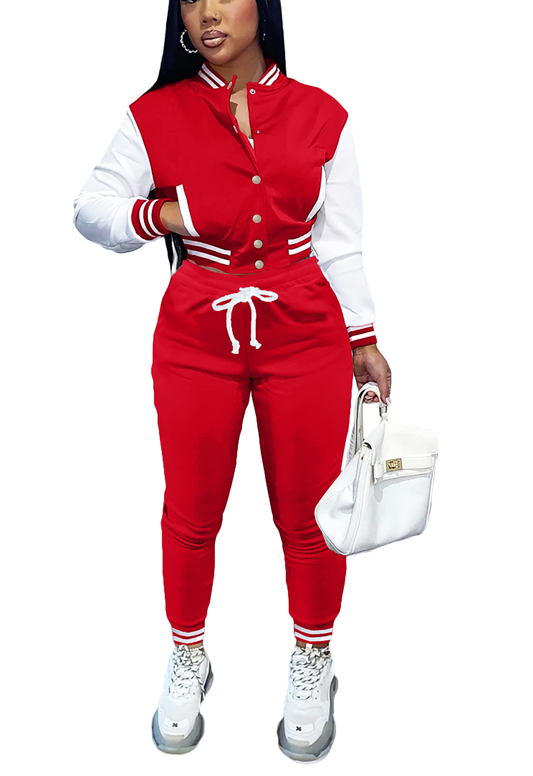 Fooullaide Women's Varsity Jacket Sweatsuit 2 Piece Tracksuit Crop Top Button Down Letterman Jackets Pants Sets
