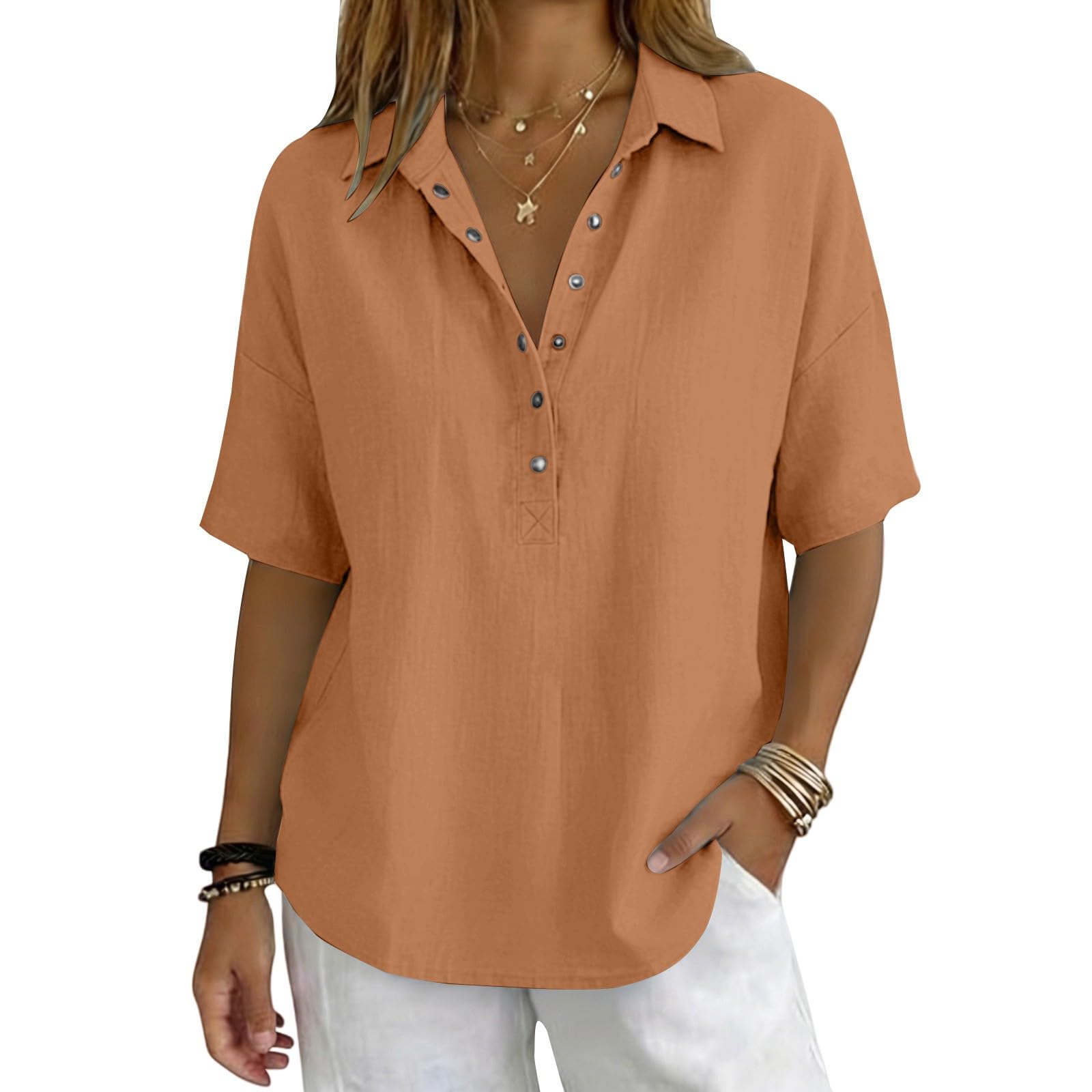 Linen Tops for Women Breathable Gauze Shirts Cotton Button Down Summer Elbow Length Blouses Dressy Casual Clothes