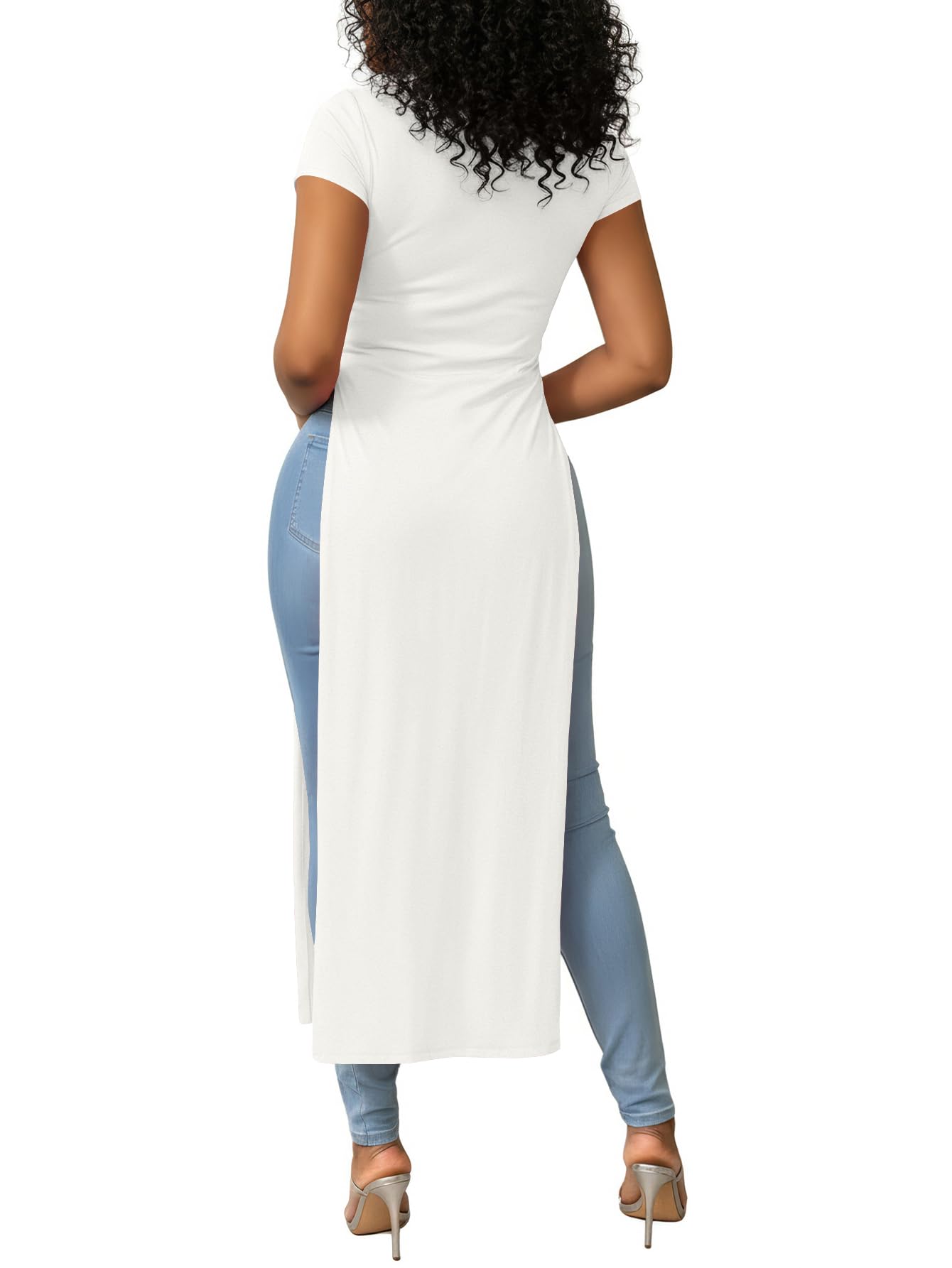 OPOIPIN Women's Crew Neck Split Slit Hem Short Sleeve Slim Fit Tee Top Long Shirt Tunic