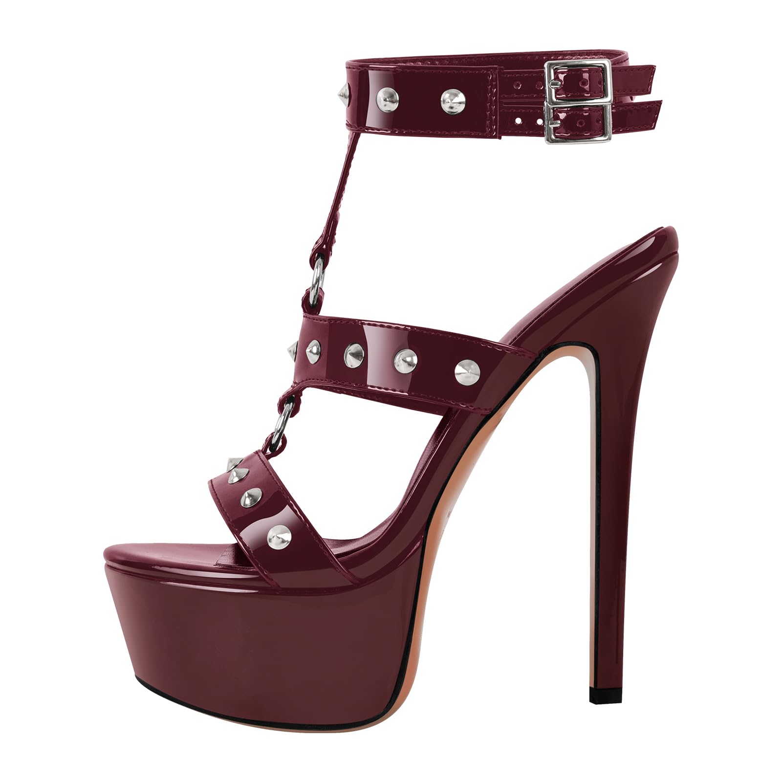 Only maker Open Toe Stiletto Heeled Platform Sandals for Women T-strappy Buckle up Rivet Studded Open-back Summer Sandals