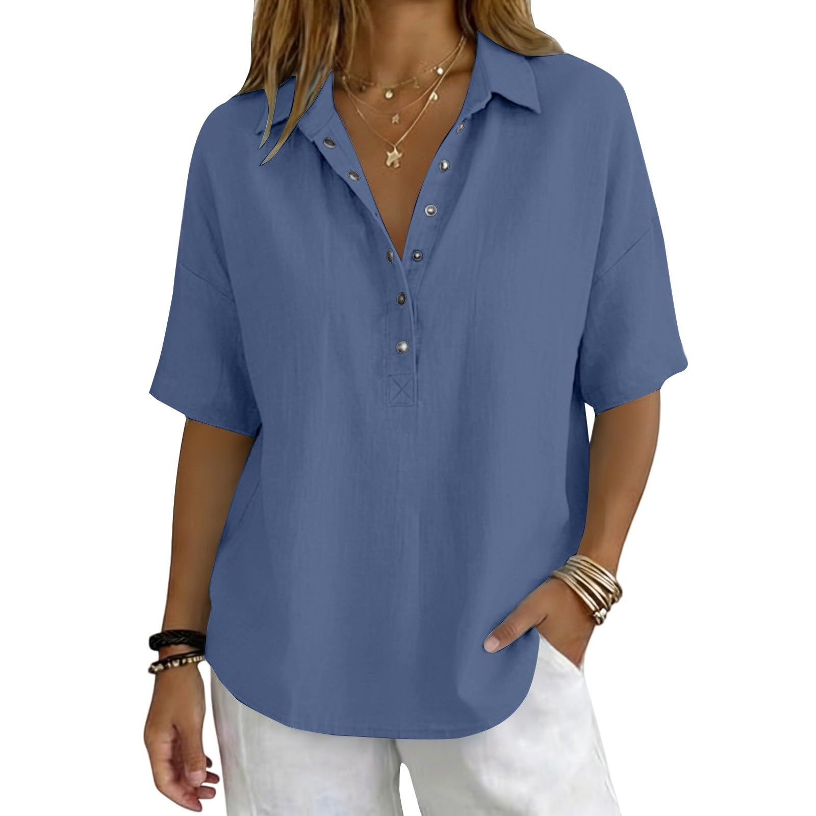 Linen Tops for Women Breathable Gauze Shirts Cotton Button Down Summer Elbow Length Blouses Dressy Casual Clothes