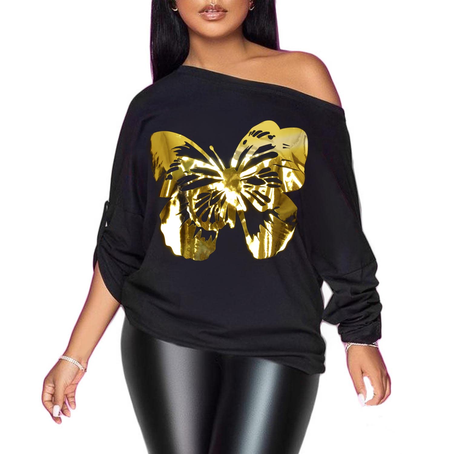 PESION Womens Off The Shoulder Tops Sexy Shiny Metallic Shirts Long Sleeves Fashion Graphic T-Shirts Blouses