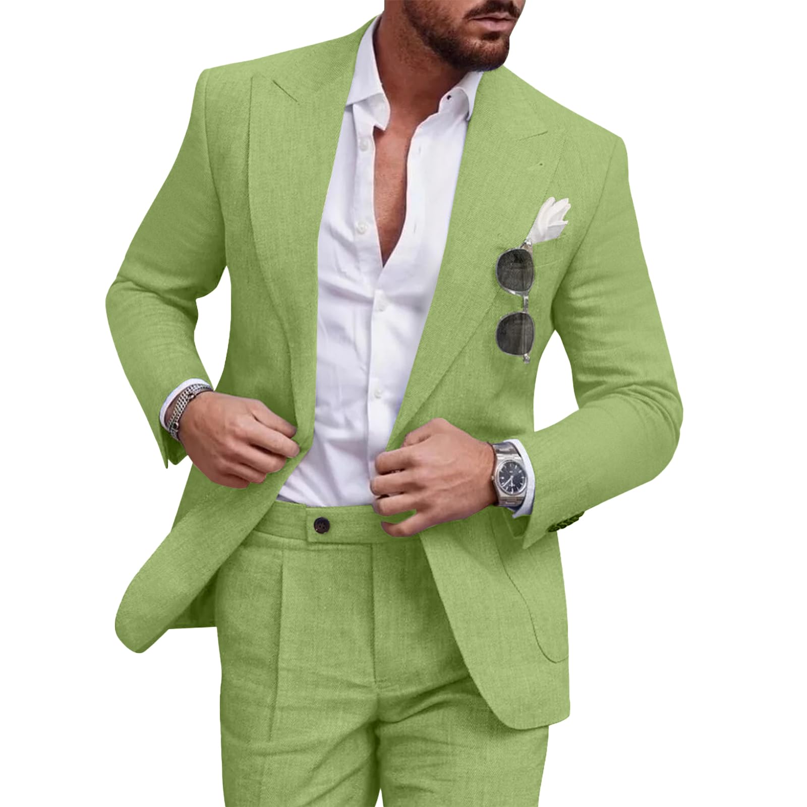 Diaryan Linen Men Suit Set Casual Tuxedo 2 Piece Regular Fit Blazer One Button Solid Jacket and Pants for Prom Wedding Party