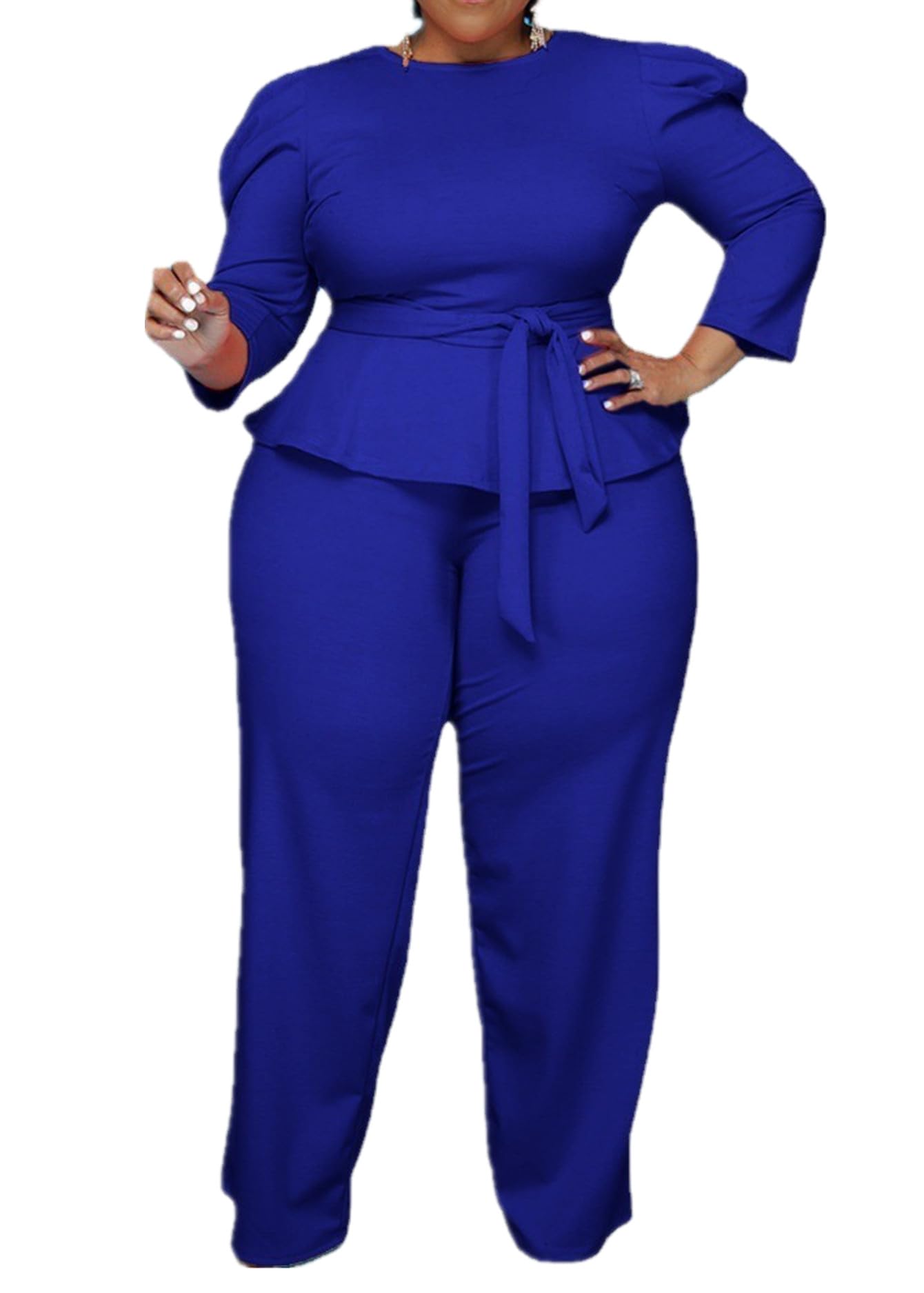 MRSFITOK Plus Size 2 Piece Wide Leg Pants Set for Women Casual Long Sleeve Shirt Long Pant Sets Sexy With Belt