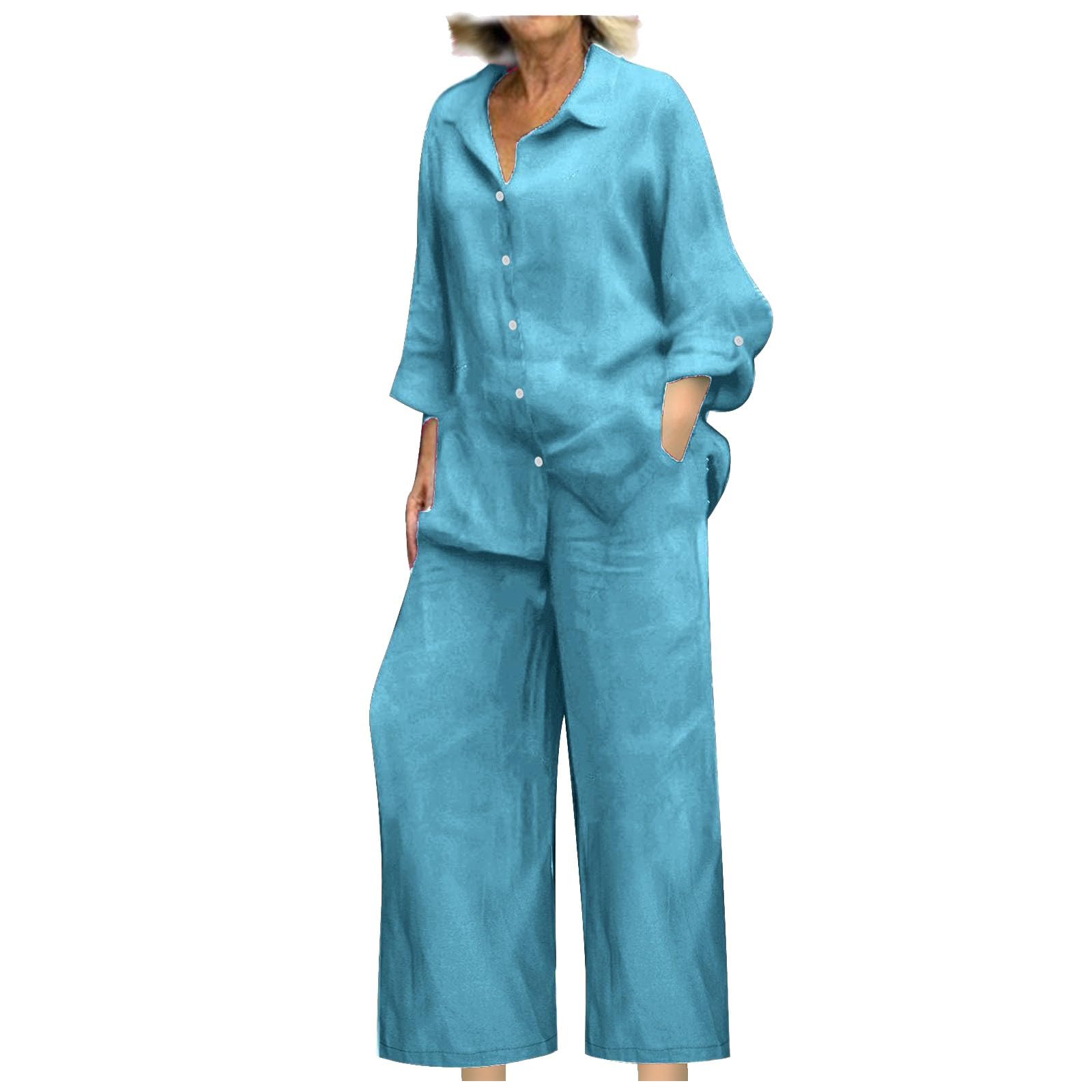 BAOQIN Linen Sets for Women 2 Piece - Womens Long Sleeve Button Down Shirts Summer Wide Leg Breathable Cotton Linen Pants Set