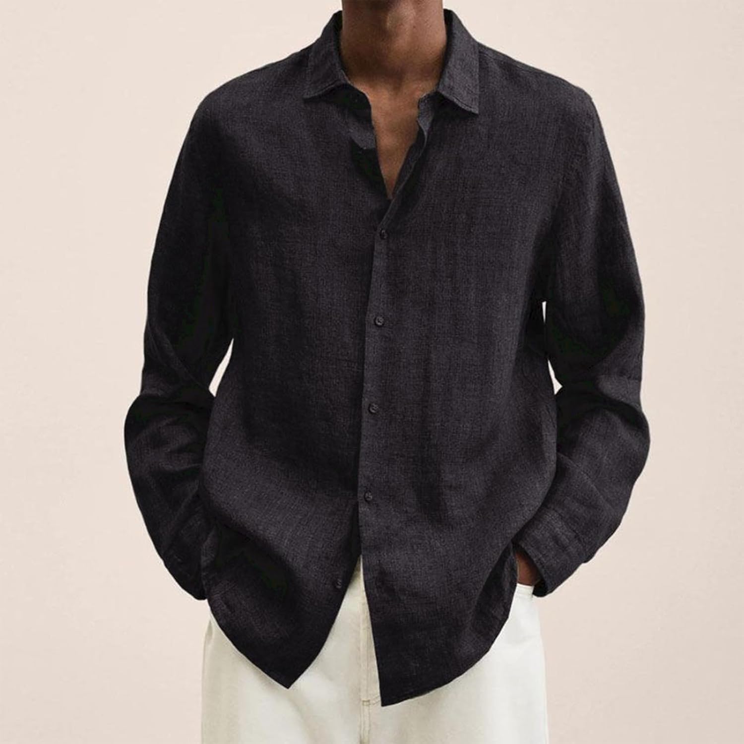 Cotton Linen Shirts for Men Button Down Casual Loose Fit Long Sleeve Summer Beach Shirts Vacation Tops