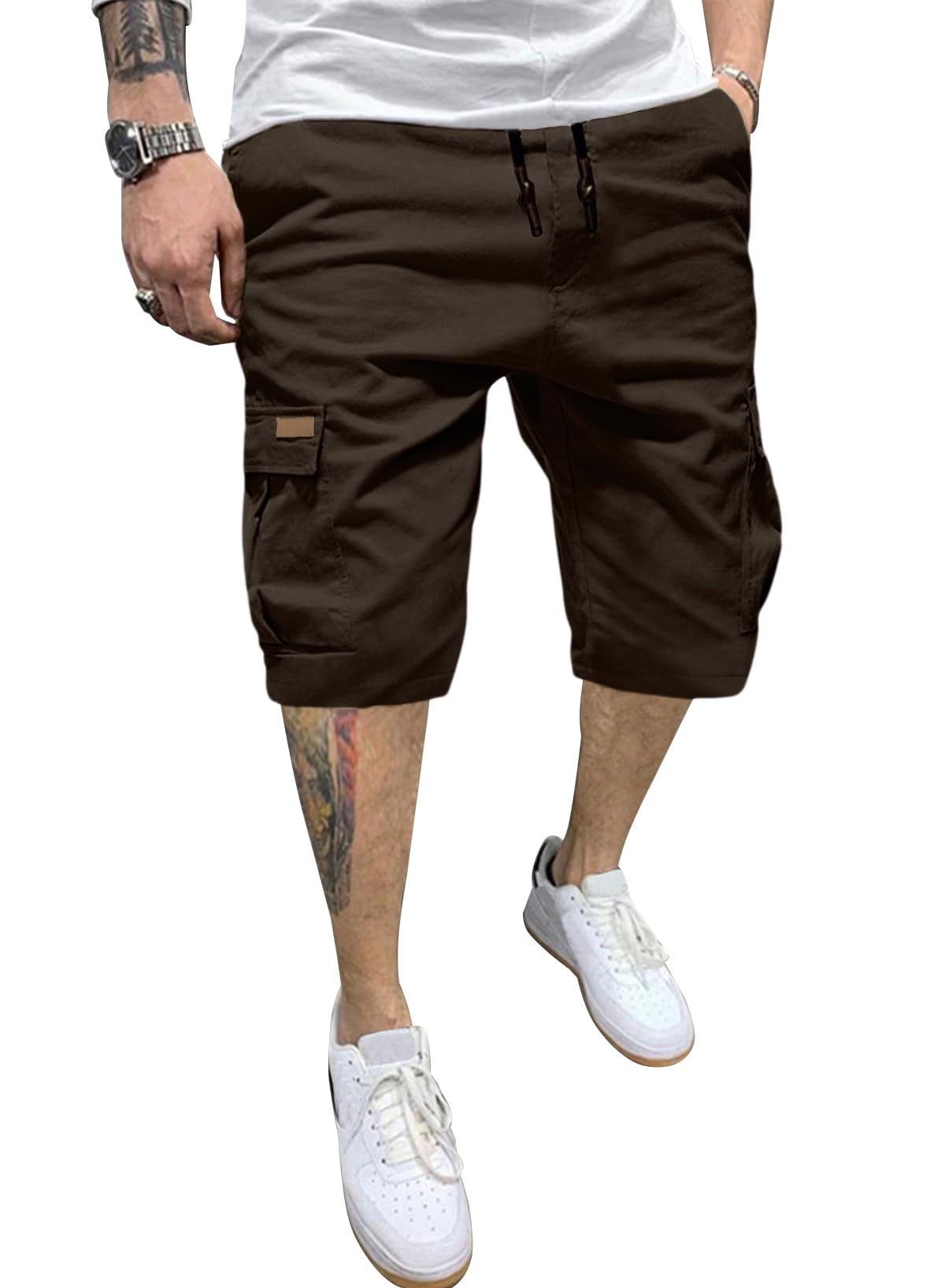 JMIERR Mens Casual Cotton Twill Cargo Shorts Drawstring Classic Chino Stretch Short with 6 Pockets