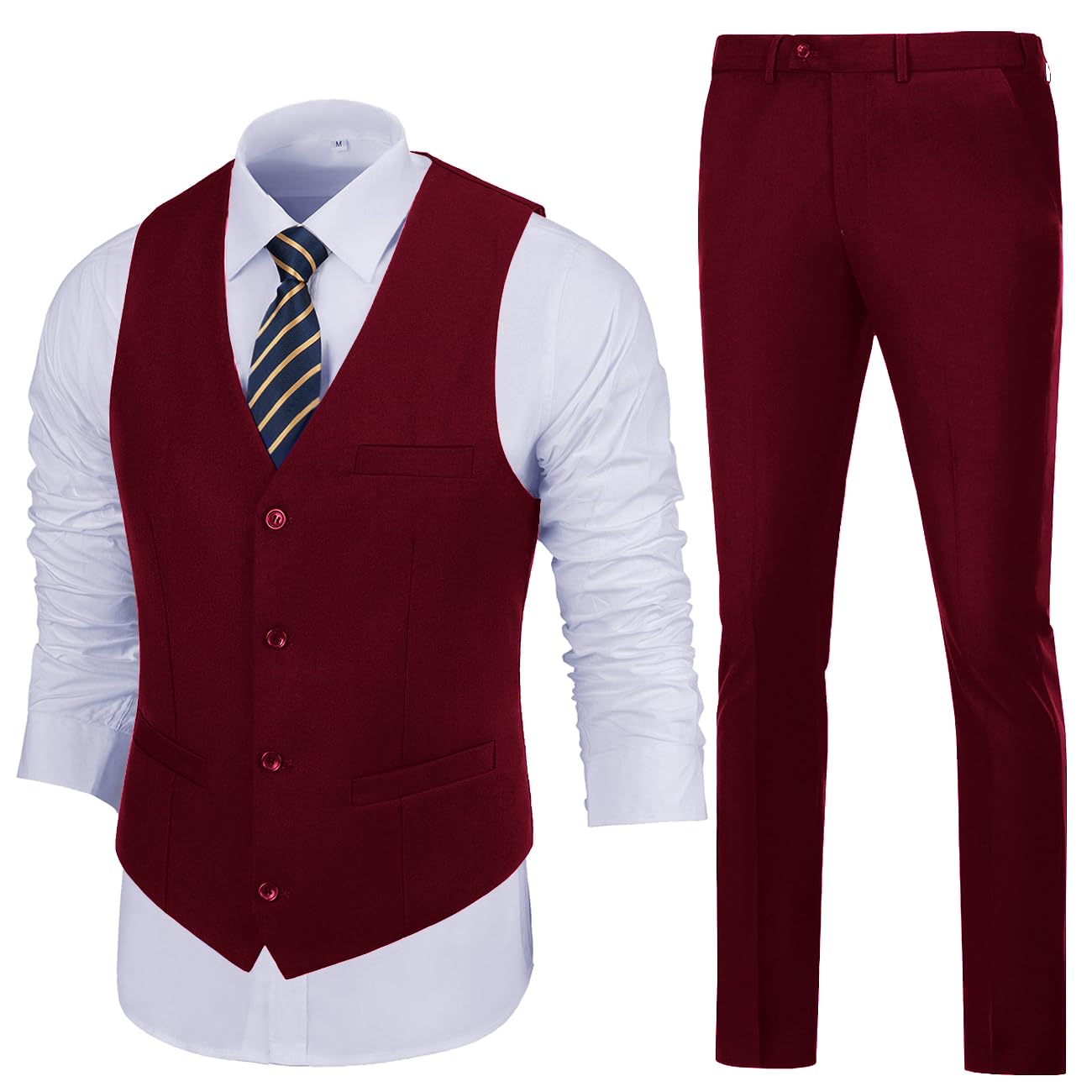 Mens Slim Fit 2 Piece Suit Set V-Neck Solid Dress Suit Vest Pants Wedding Prom Tuxedo for Men