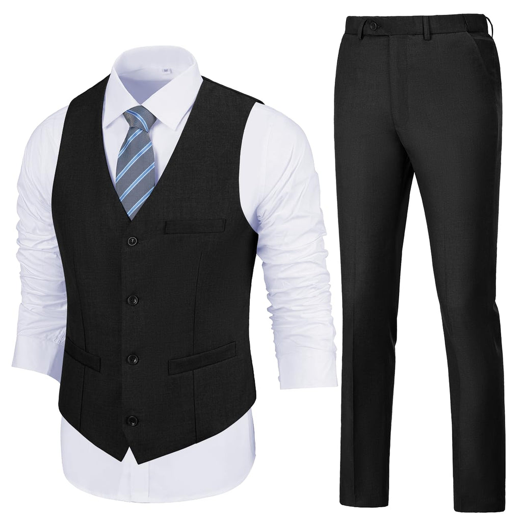 Mens Slim Fit 2 Piece Suit Set V-Neck Solid Dress Suit Vest Pants Wedding Prom Tuxedo for Men