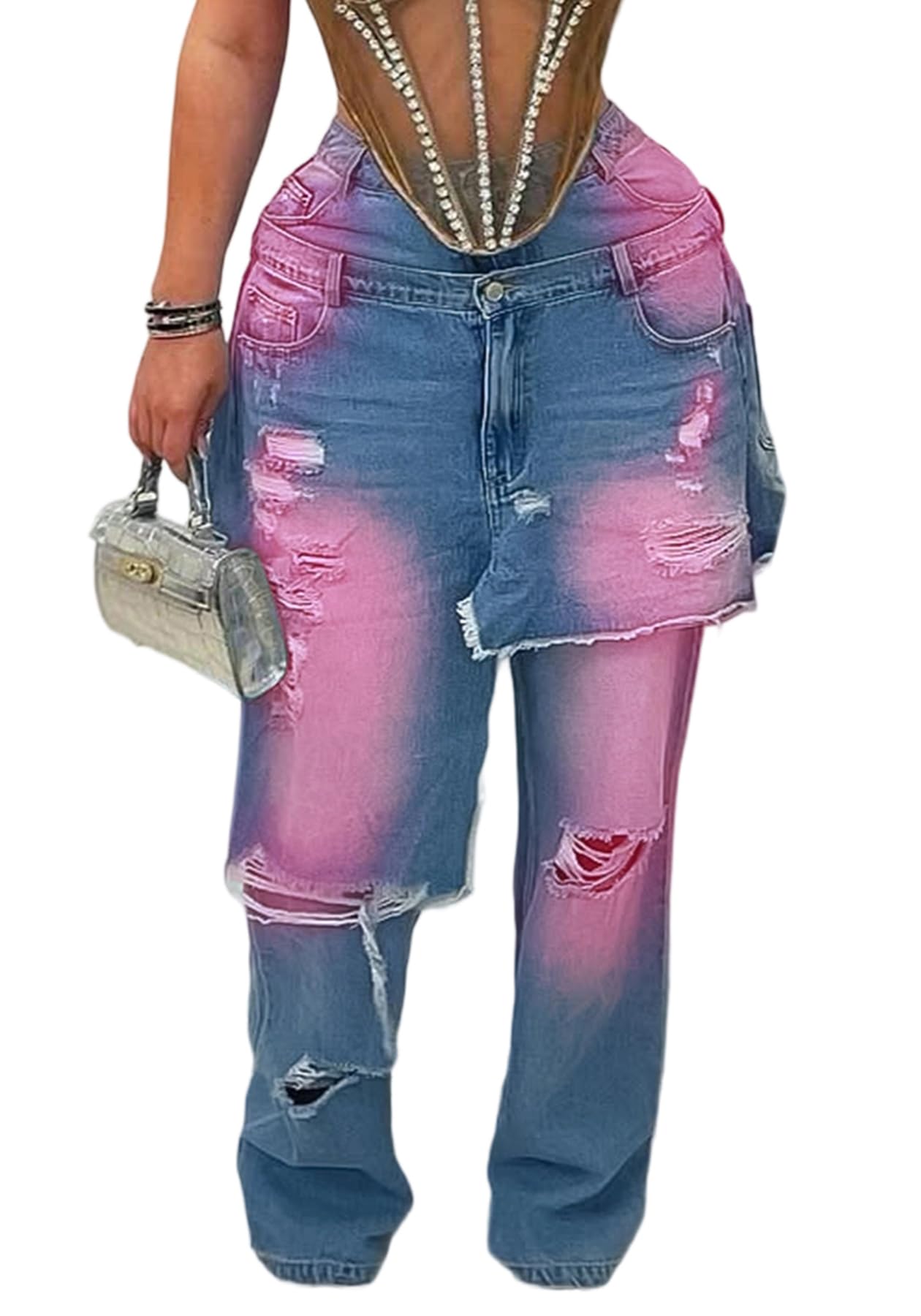 LKOUS Women's Ripped Baggy Jeans High Waist Wide Leg Patchwork Distressed Cutout Stretchy Denim Pants Streetwear