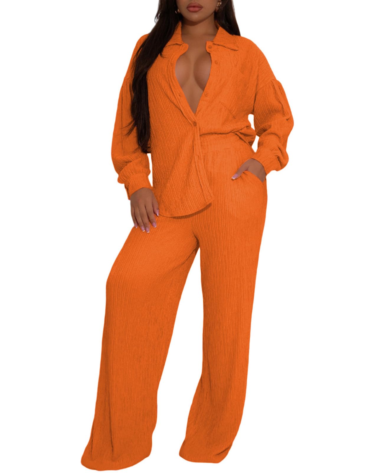 Ophestin Women 2 Piece Dressy Outfits Casual Pleated Long Sleeve Button Down Shirt Wide Leg Pants Loungewear Matching Sets