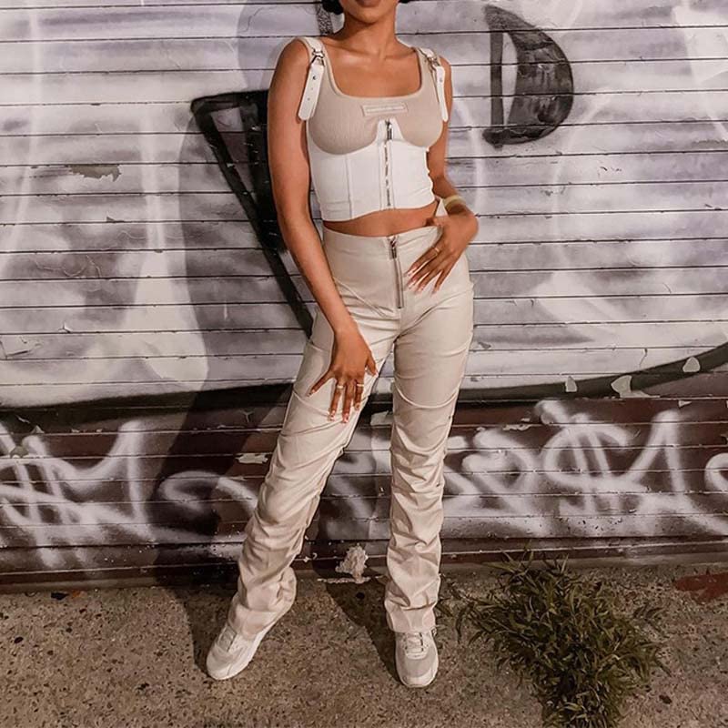 Sumleno High Waist Stacked Pants for Women Faux Leather Ruffle Ruched Leggings Y2k Black Pleated Sexy Aesthetic Streetwear