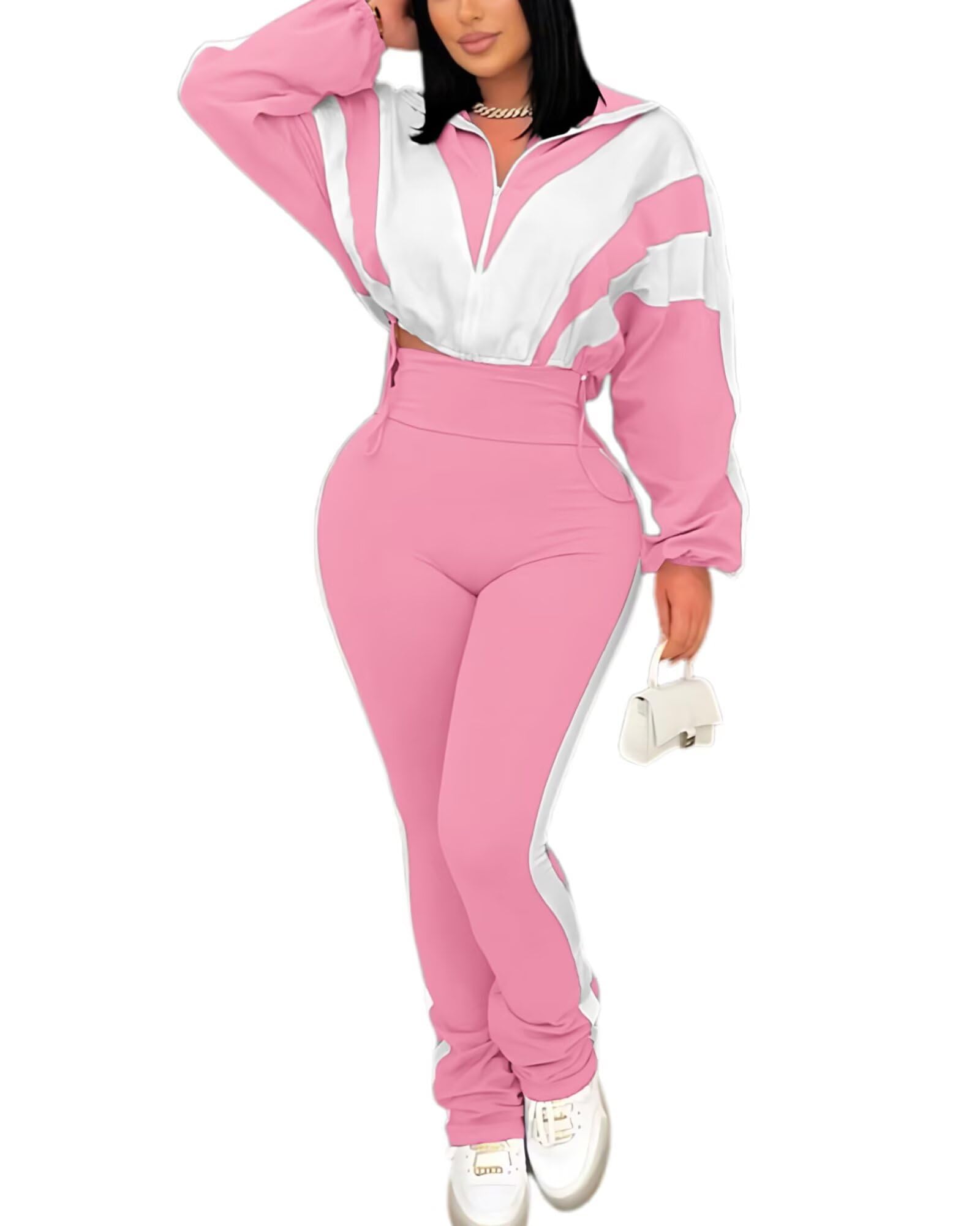 Remelon Womens 2 Piece Set Sweatsuit Color Block Long Sleeve Zip Up Cropped Jacket Legging Pants Set Tracksuit Jogger Outfits