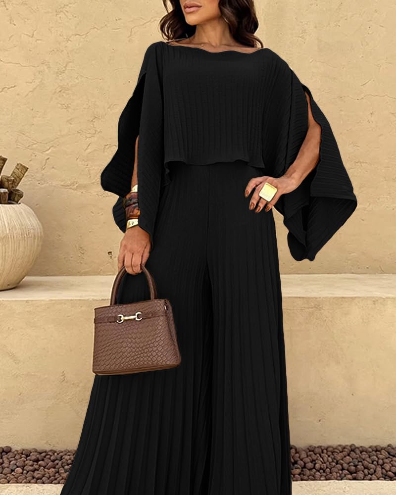 CHICME Women's 3 Piece Pleated Outfits One Shoulder Tops with High Waisted Wide Leg Pants Casual Vacation Outfit