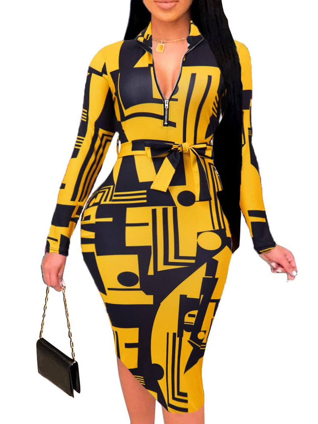 ECHOINE Women's Vintage Print Bodycon Midi Dress Sleeveless Mock Neck Slim Fit Party Club Dress