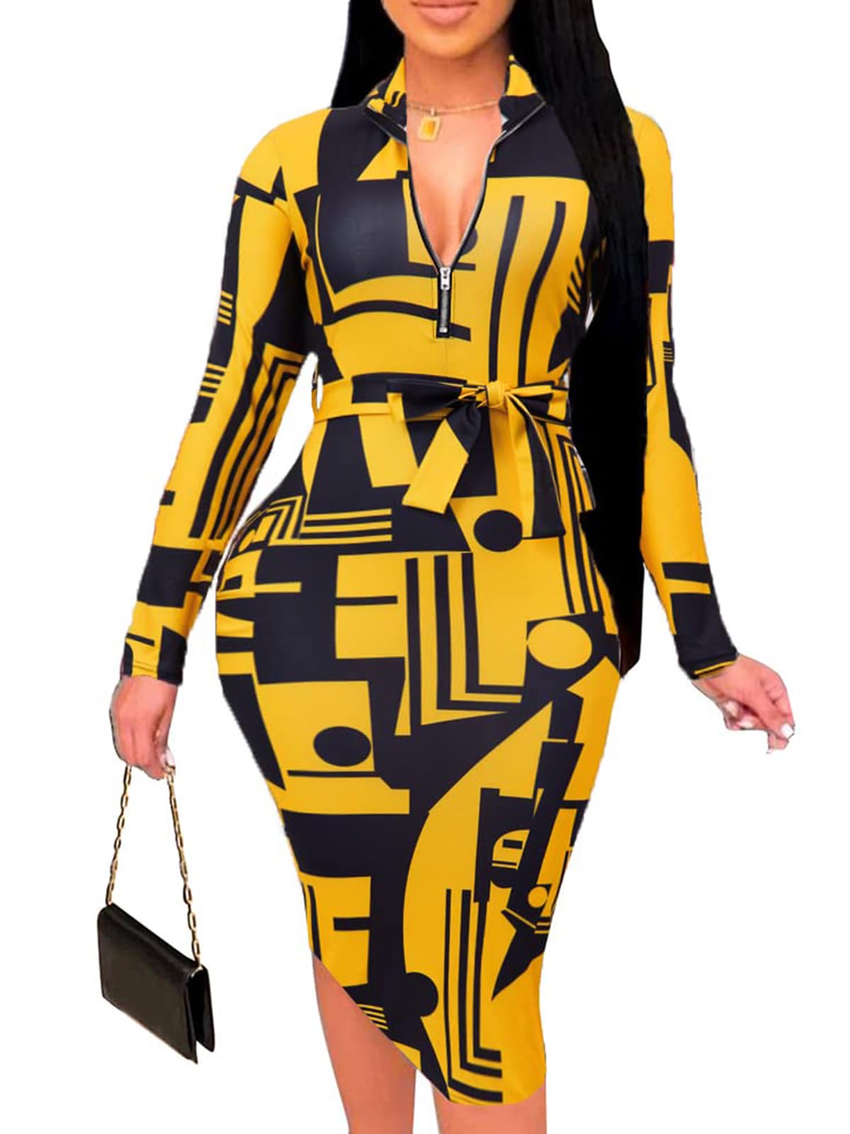 ECHOINE Women's Vintage Print Bodycon Midi Dress Sleeveless Mock Neck Slim Fit Party Club Dress