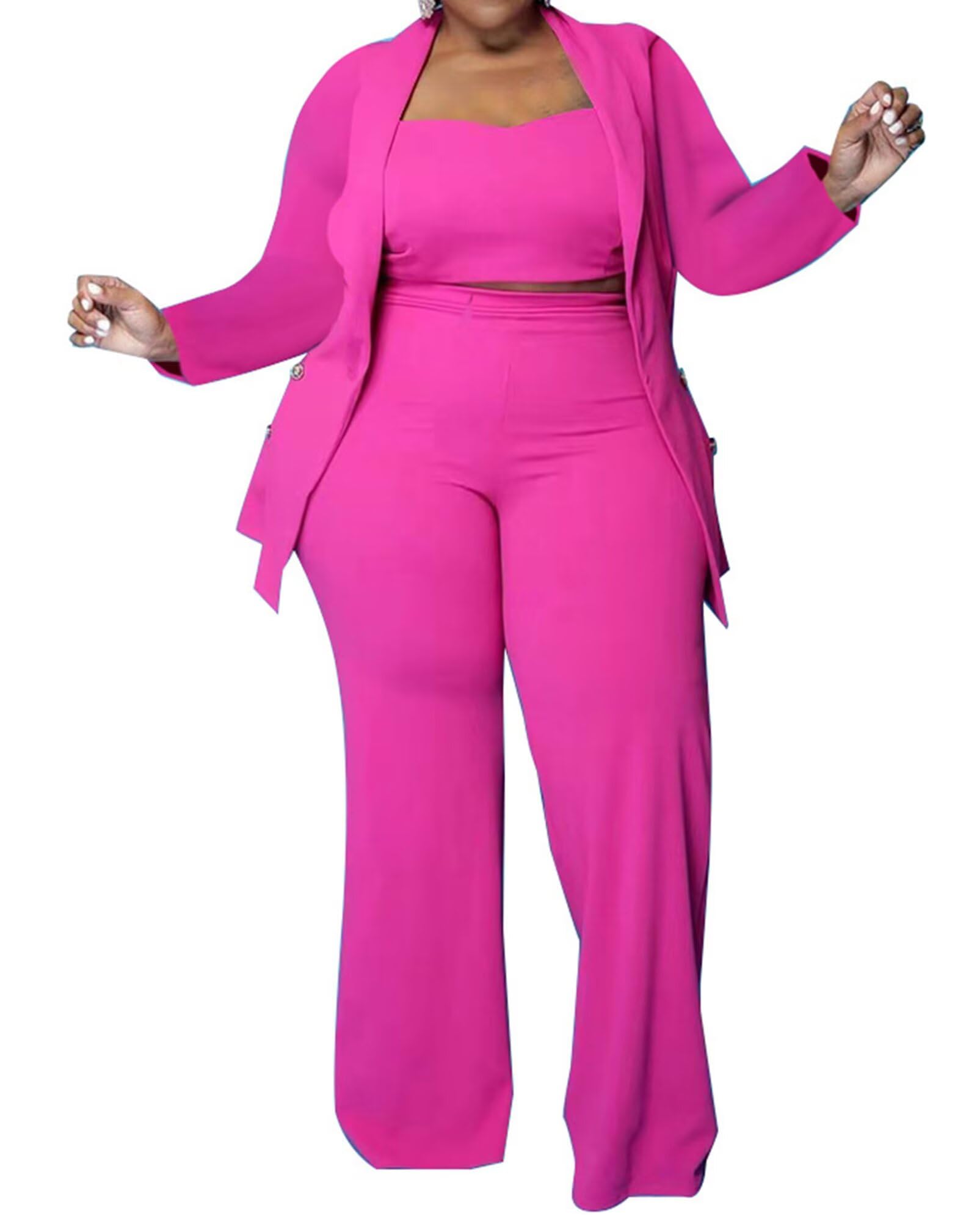Women Plus Size Pants Suits 3 Piece Set Long Sleeve Blazer Pants Suit Sets Dressy Business Casual Office Work Outfits