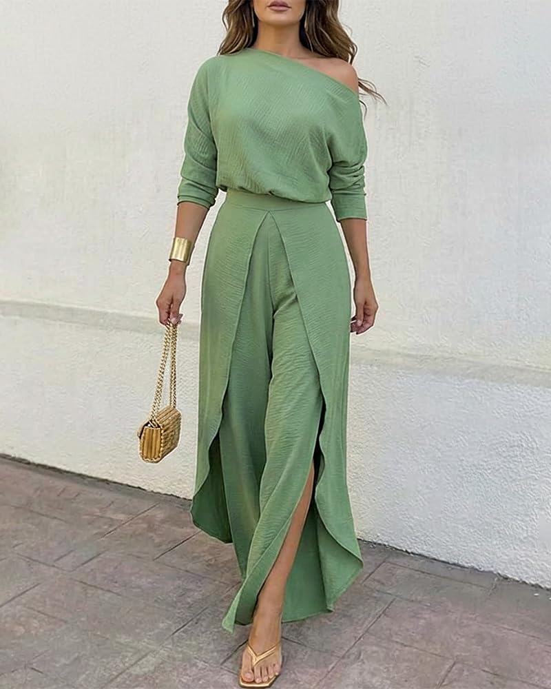 CHICME Women Summer 2 Piece Outfits Off Shoulder Batwing Sleeve Top Flowy Slit Wide Leg Pants Sets Travel Matching Set