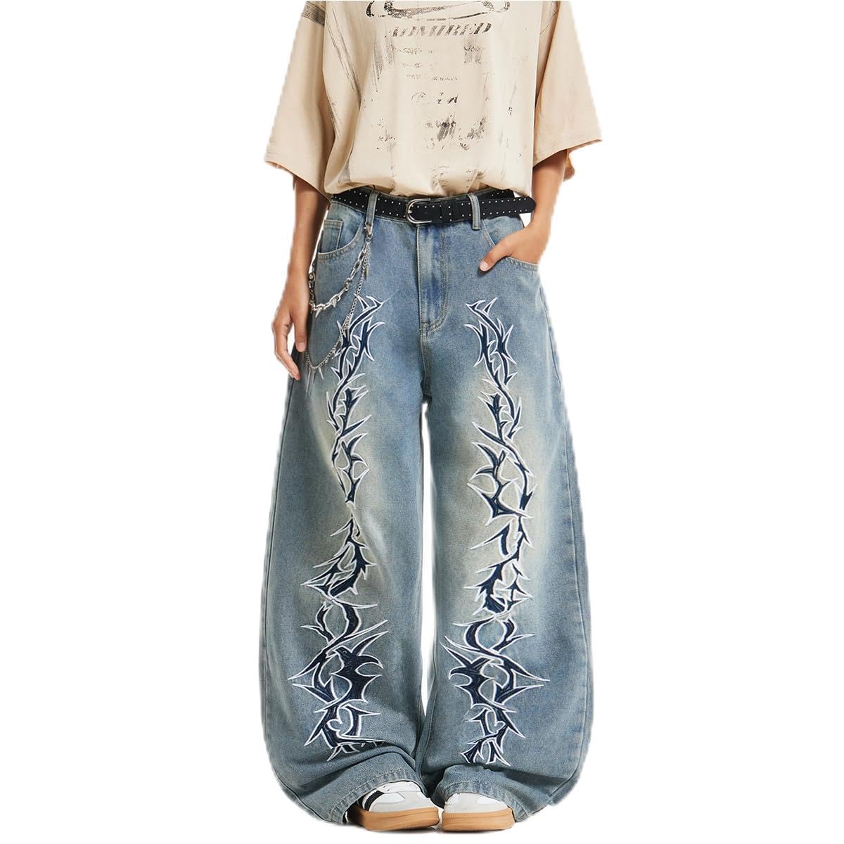 DFGIGT Men's Hip-hop Embroidered Baggy Jeans Loose Fit Denim Black Trousers