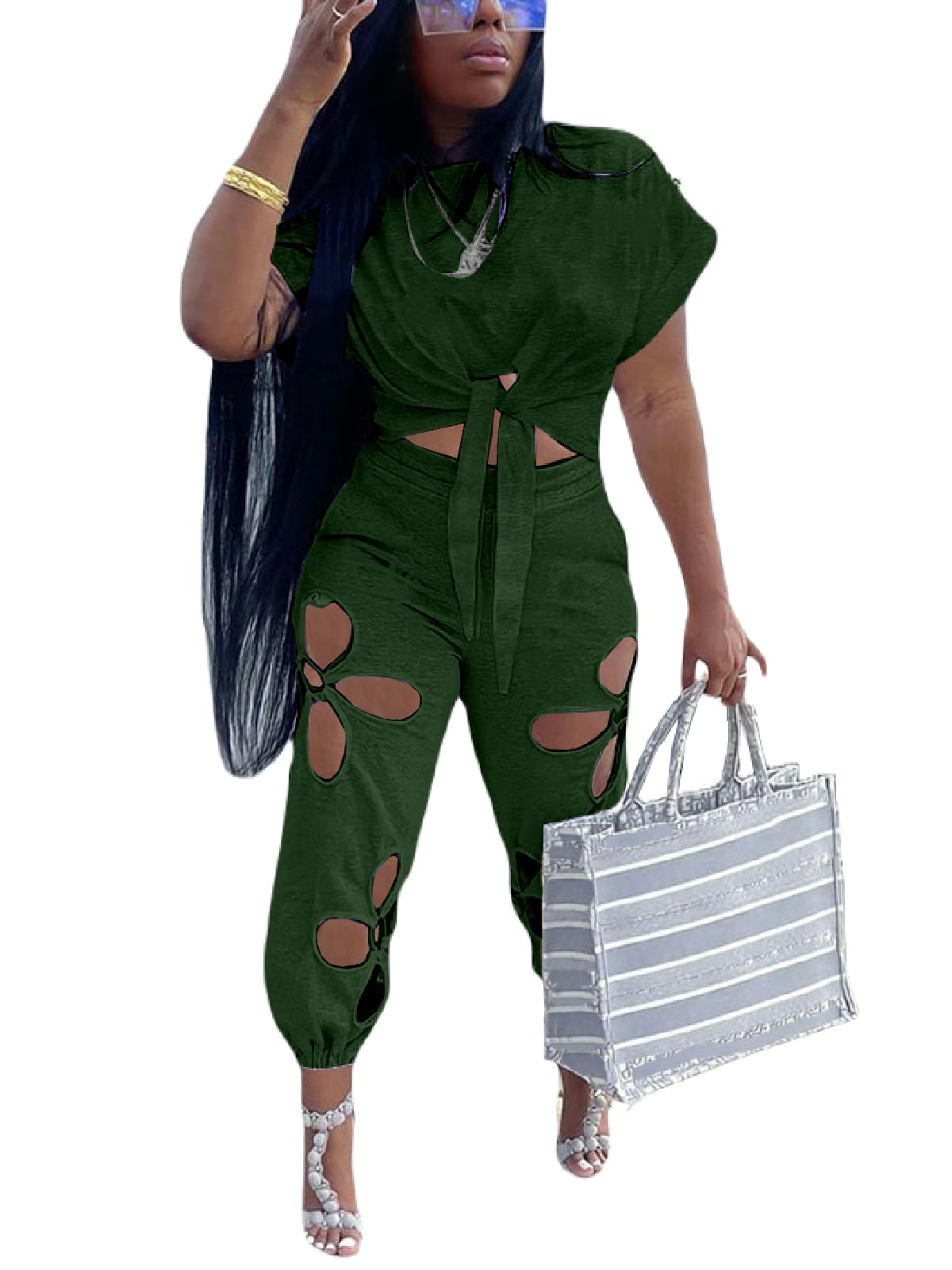 KEYUFANG Women 2 Piece Outfits Set Casual Crop Top Shirt Hollowed Out Sweatpants Women Fashion Tracksuit