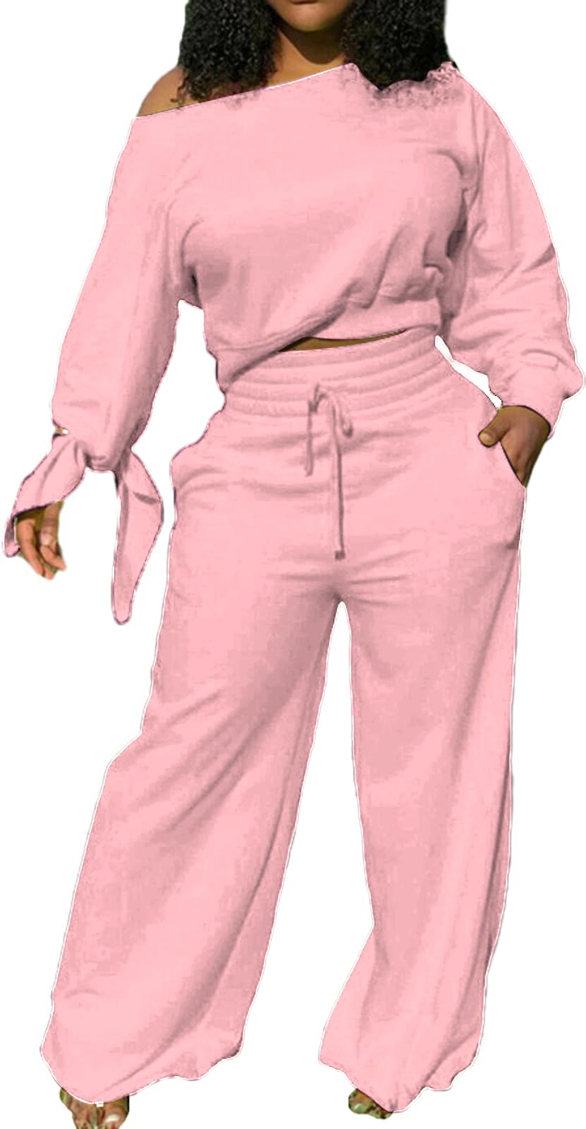 sexycherry Casual 2 Piece Outfits for Women Long Sleeve Sweatsuit Jogging Straight Long Pants Sets with Pockets