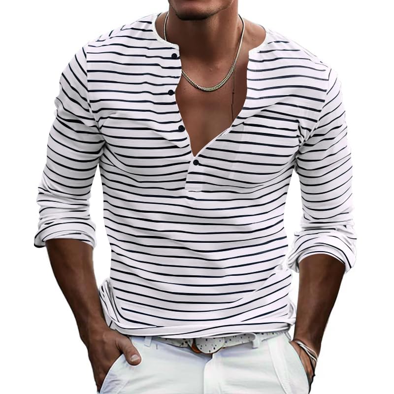 Men's Striped Button Down Shirt Long Sleeve Crewneck Shirts Casual Basic Pullover Fall Winter Tops for Men