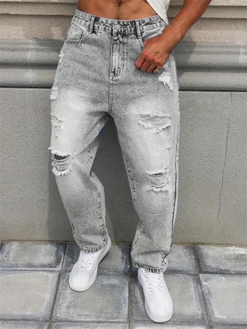Mens Relaxed Tapered Ripped Jeans Loose Straight Leg Denim Pants