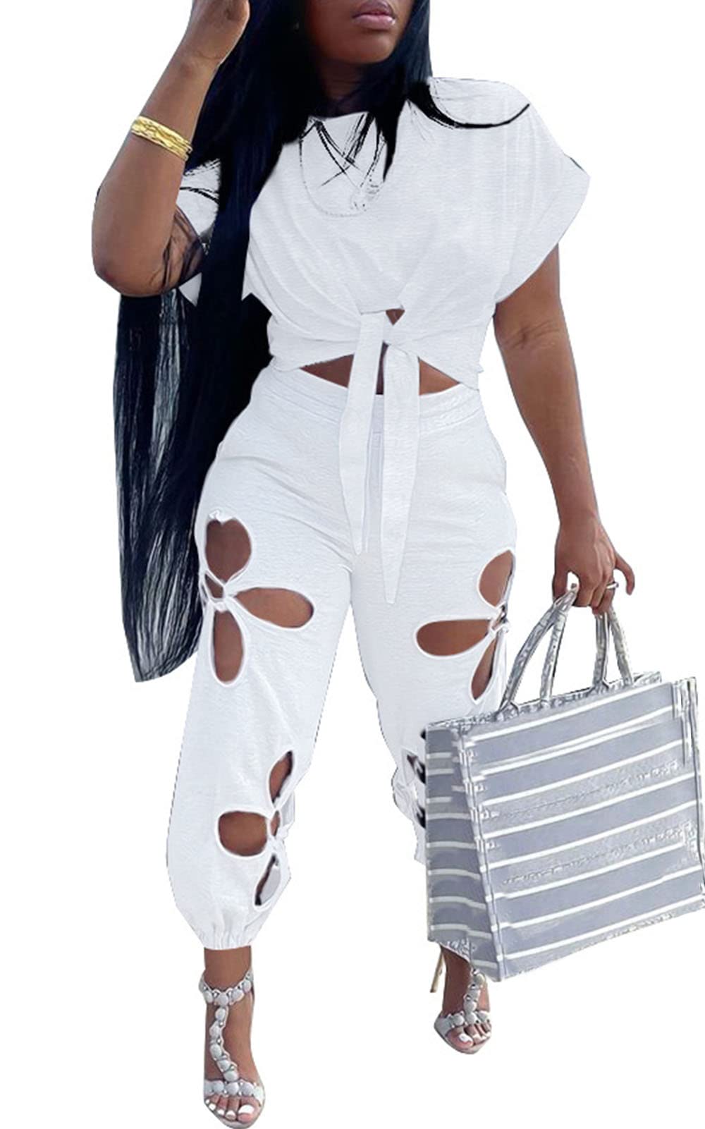KEYUFANG Women 2 Piece Outfits Set Casual Crop Top Shirt Hollowed Out Sweatpants Women Fashion Tracksuit