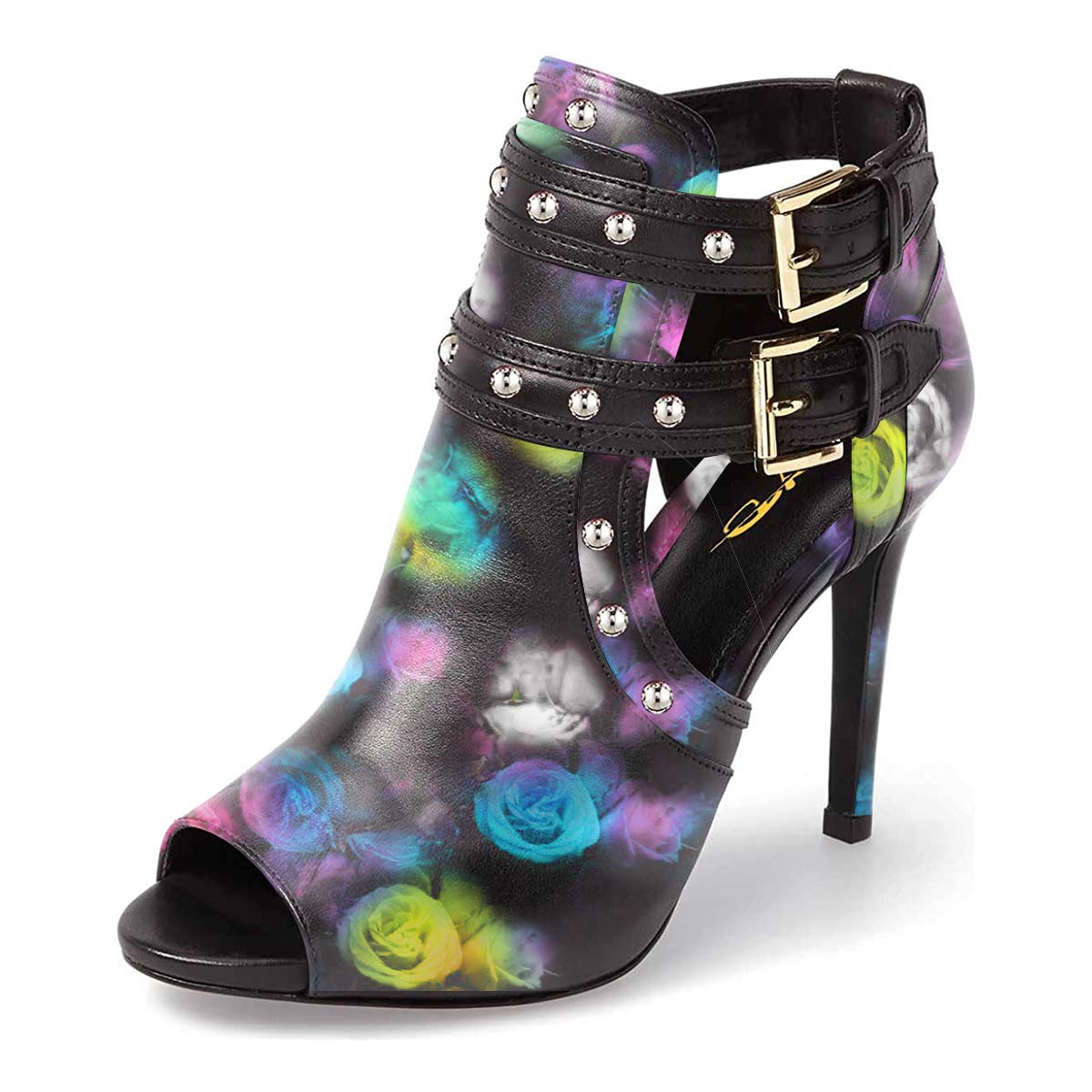 XYD Women Chic Studs Peep Toe Ankle Bootie High Heel Pumps Buckled Double Straps Cutout Fashion Party Shoes