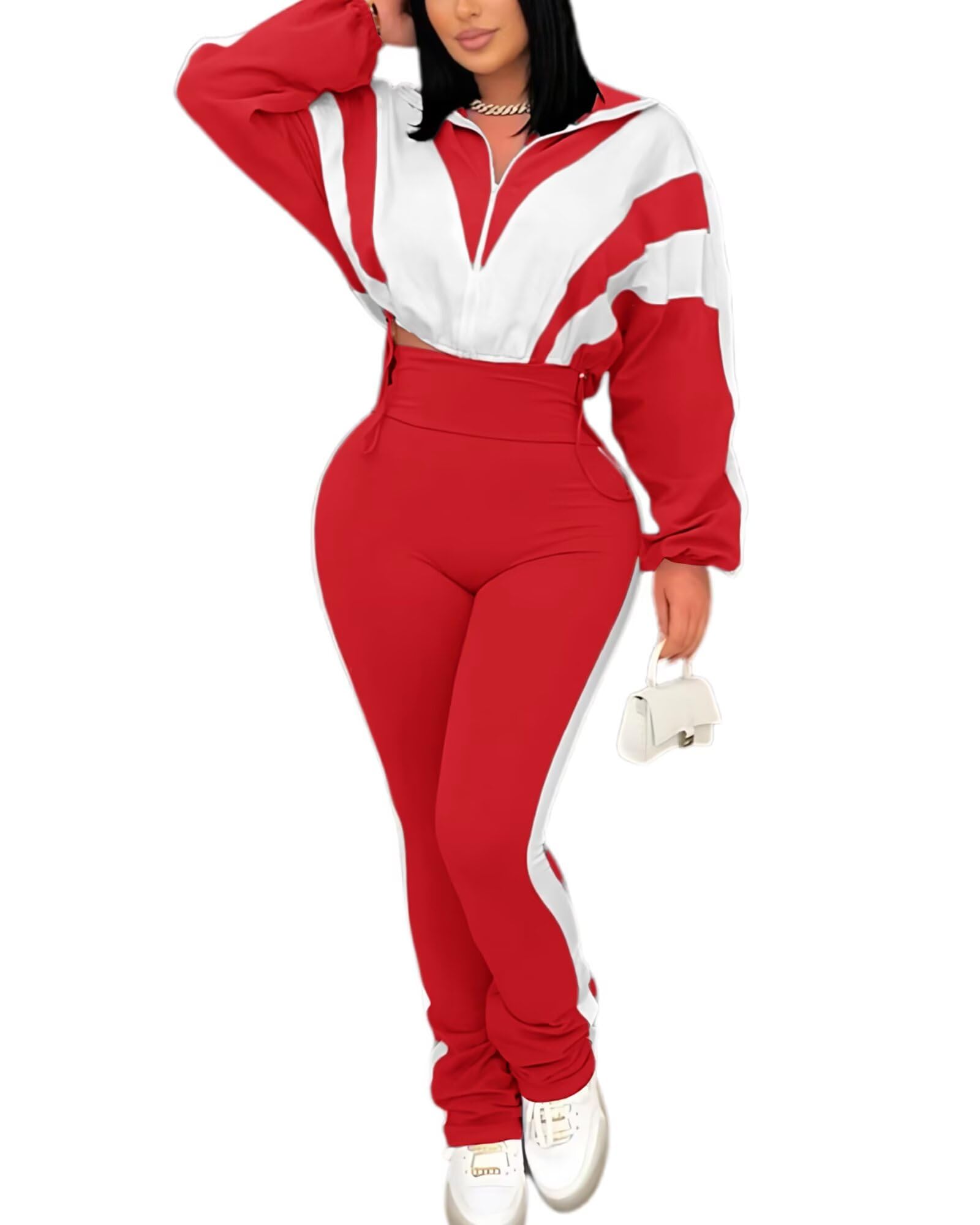 Remelon Womens 2 Piece Set Sweatsuit Color Block Long Sleeve Zip Up Cropped Jacket Legging Pants Set Tracksuit Jogger Outfits