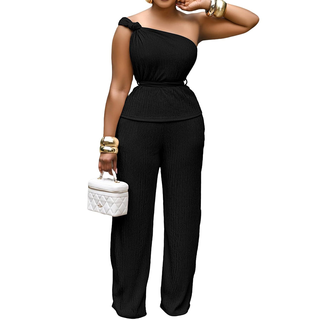 Ophestin 2 Piece Outfits for Women Dressy Summer Sexy Off Shoulder Ruched Wide Leg Pant Loungewear Sets
